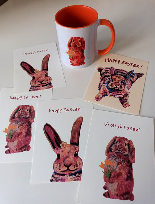 Handmade spring & Easter gifts, including cute bunny mugs, floral cat postcards & Easter cards.