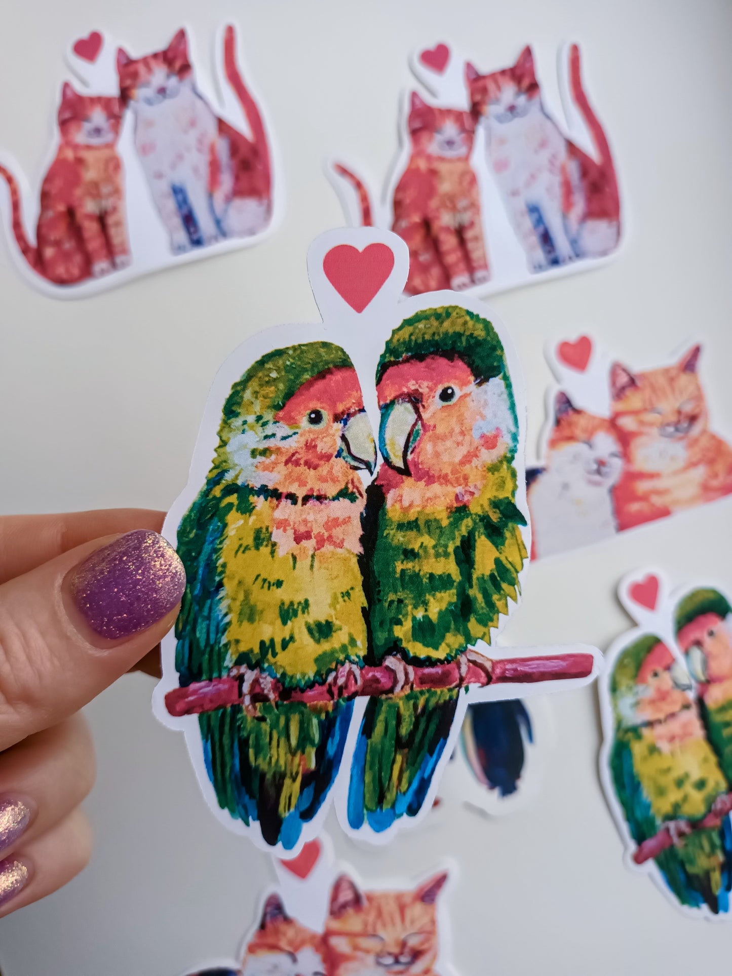Romantic full-body parrots in love sticker, hand-drawn illustration, waterproof vinyl decal held by hand