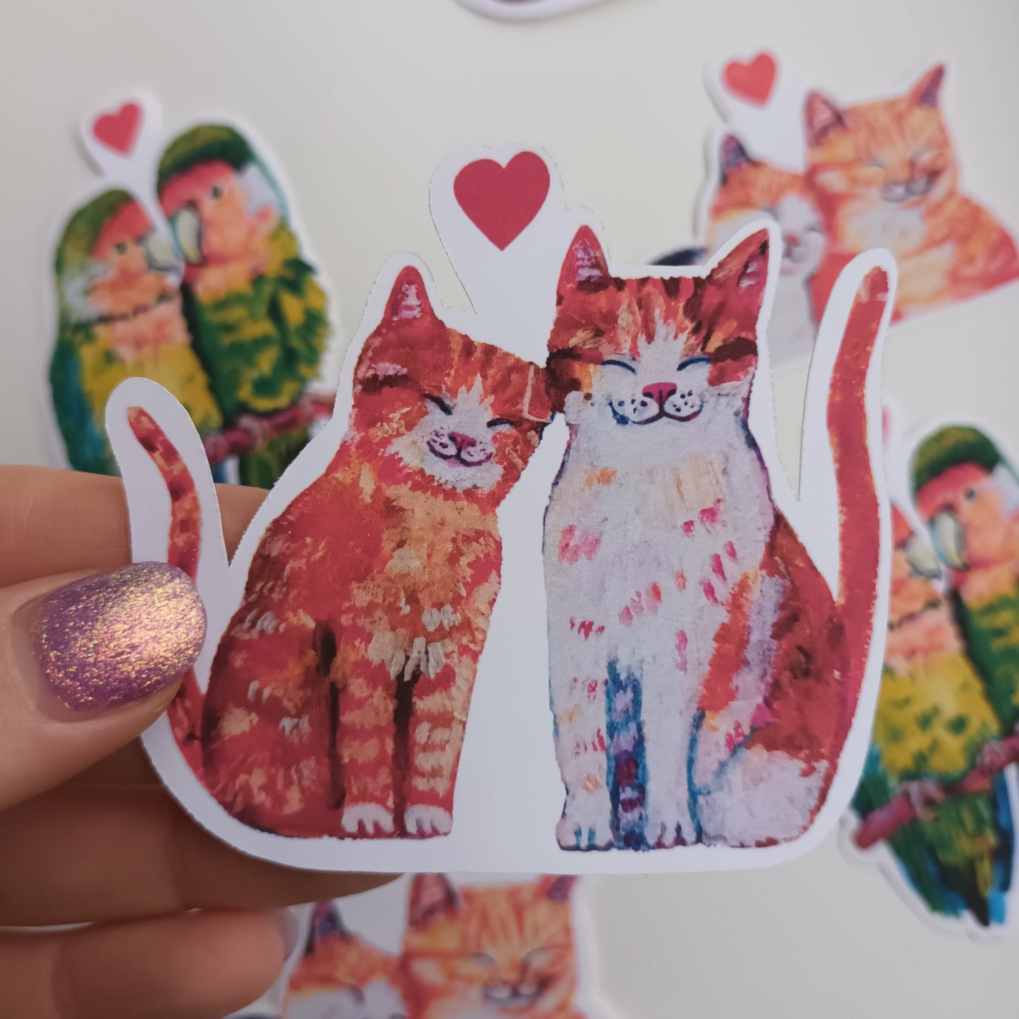Romantic full-body cats in love sticker, hand-drawn illustration, waterproof vinyl decal held by hand