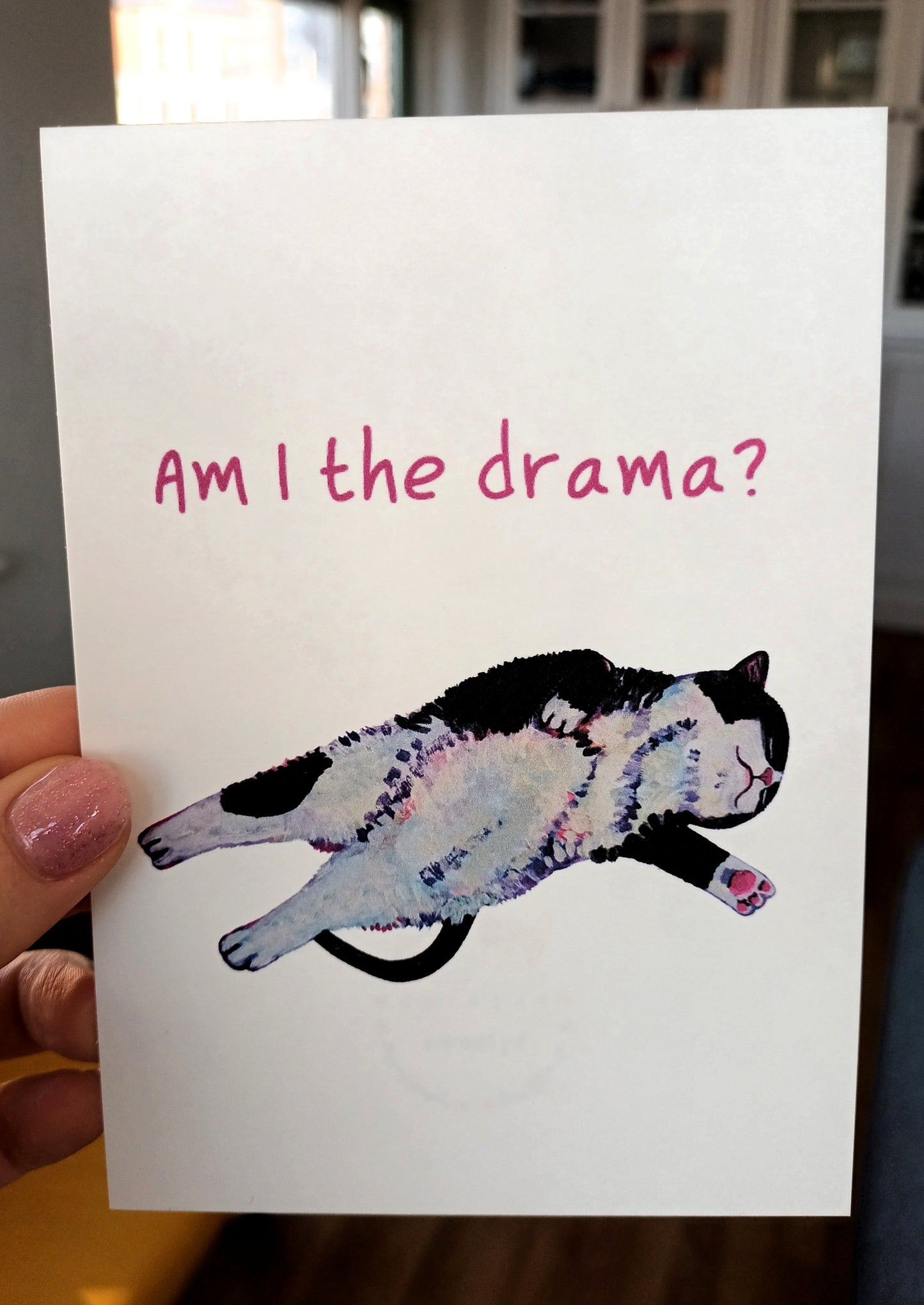 Funny cat postcard featuring a dramatic feline with ‘Am I the Drama?’ text, high-quality handmade illustration art card held by hand