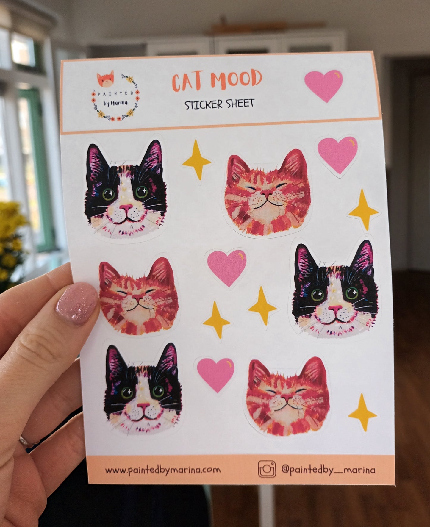 Happy Cats Sticker Sheet featuring an orange cat, tuxedo cat, hearts, and sparkles. Cute waterproof stickers, handmade & printed by the artist. Perfect for decorating notebooks, laptops, and more.