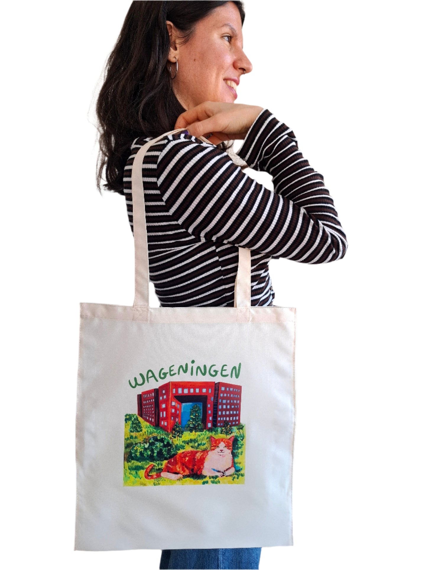 Cute handmade Wageningen tote bag painted by a local artist. Handmade, polyester, durable and cute souvenir for Wageningen students and locals.