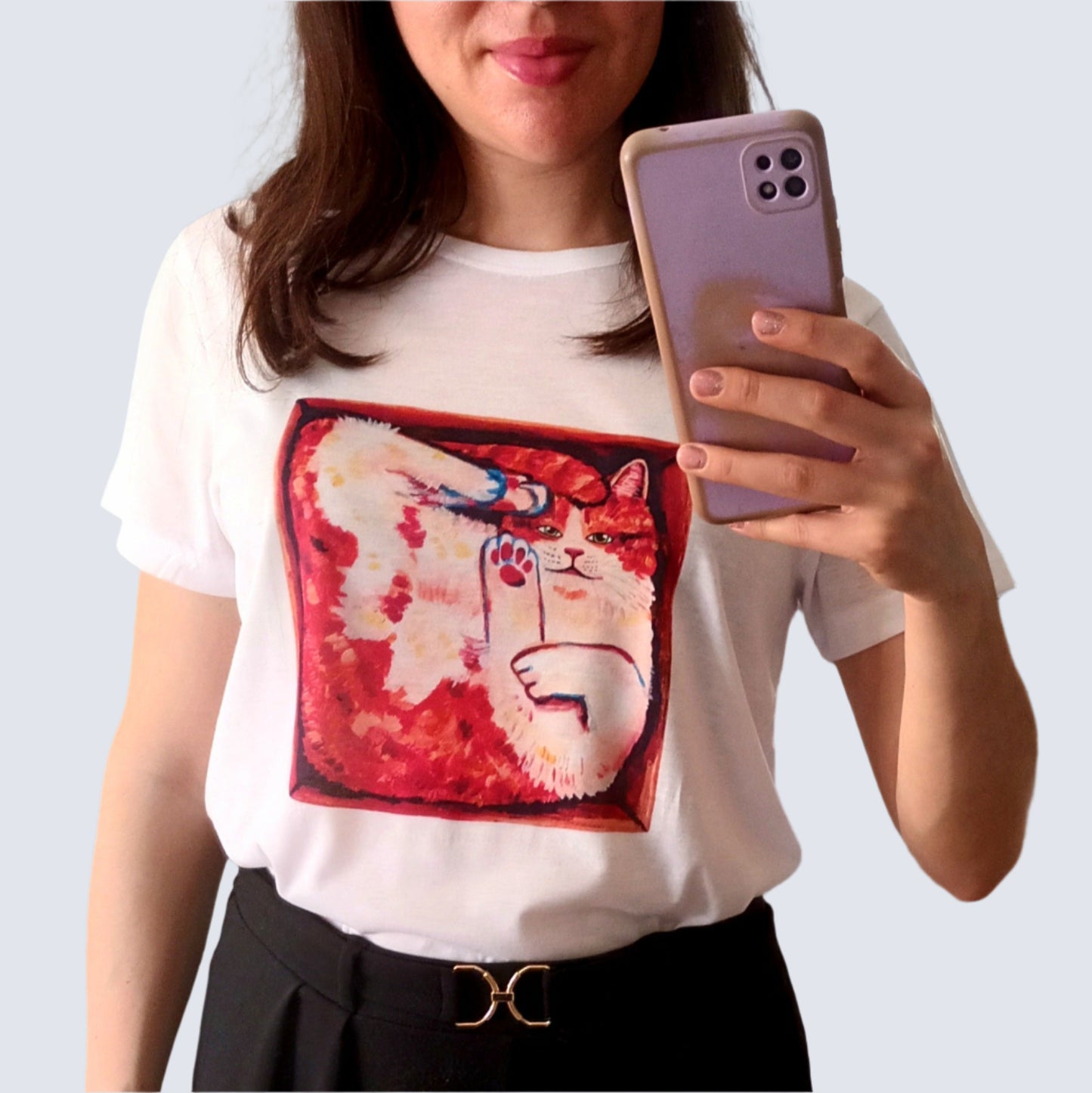 White T-shirt featuring a hand-painted orange cat sitting in a cardboard box – sublimation printed design.