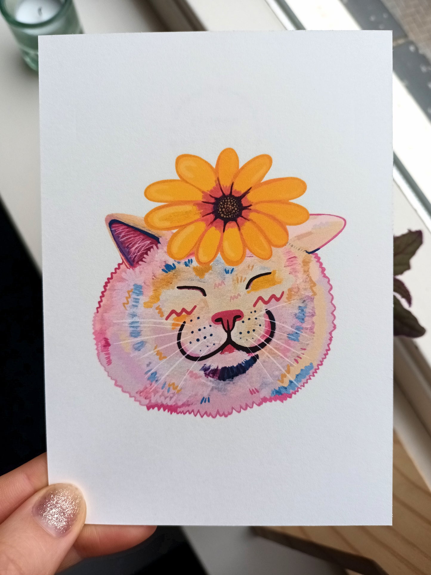Flower Cat Postcard - Cute Cat Art Card