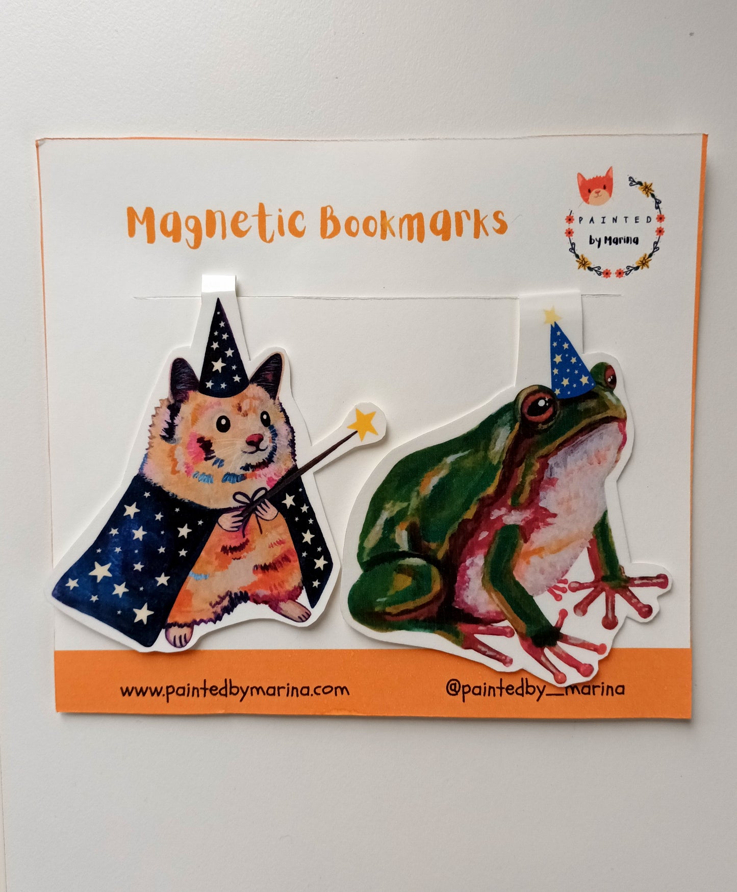 Set of two handmade magnetic bookmarks – hamster and frog– printed from original colourful illustrations