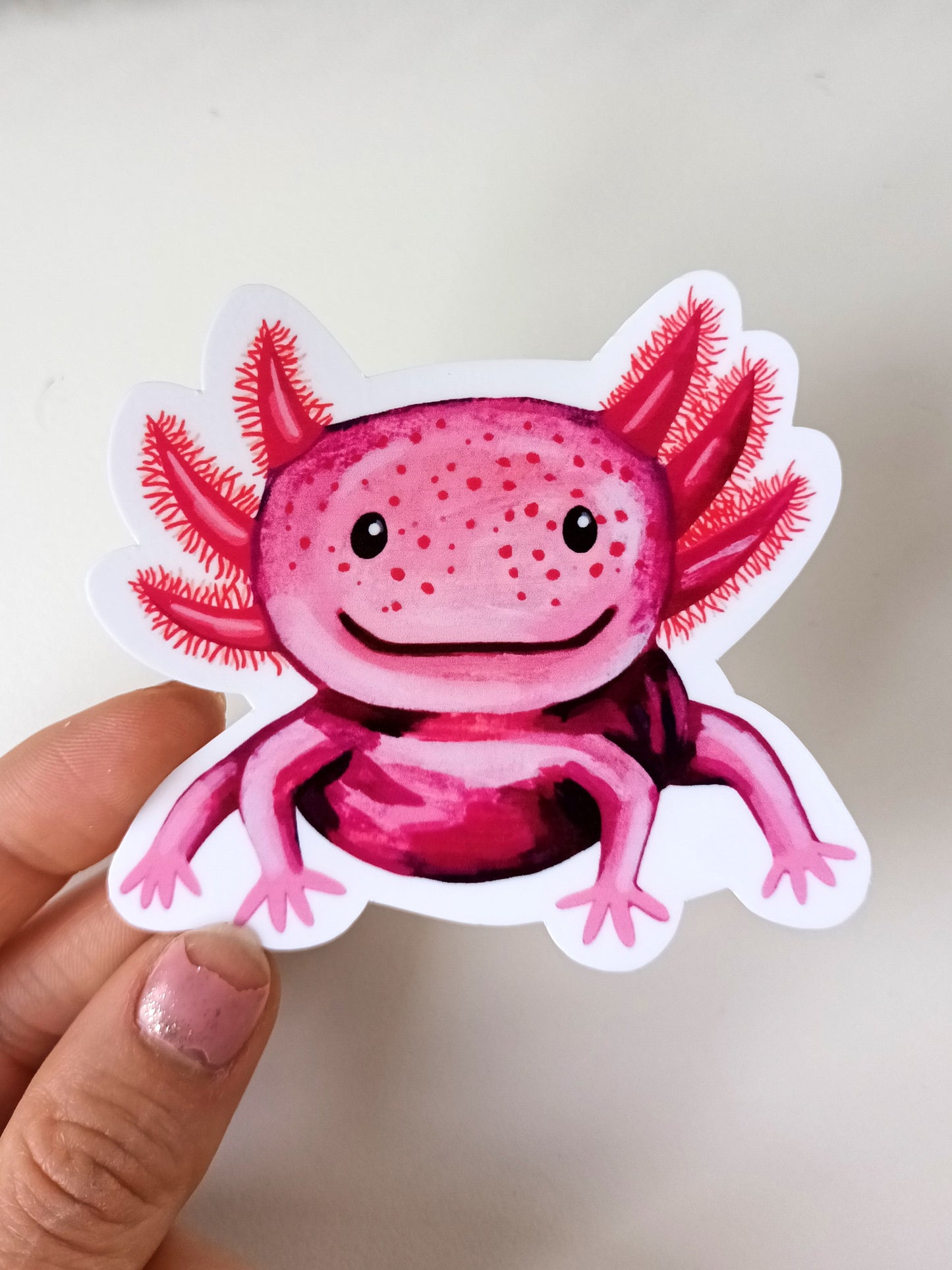 Hand-painted pink axolotl vinyl sticker, waterproof and scratch-resistant, approx. 7.5 x 6.8 cm, perfect for decorating personal items held by hand
