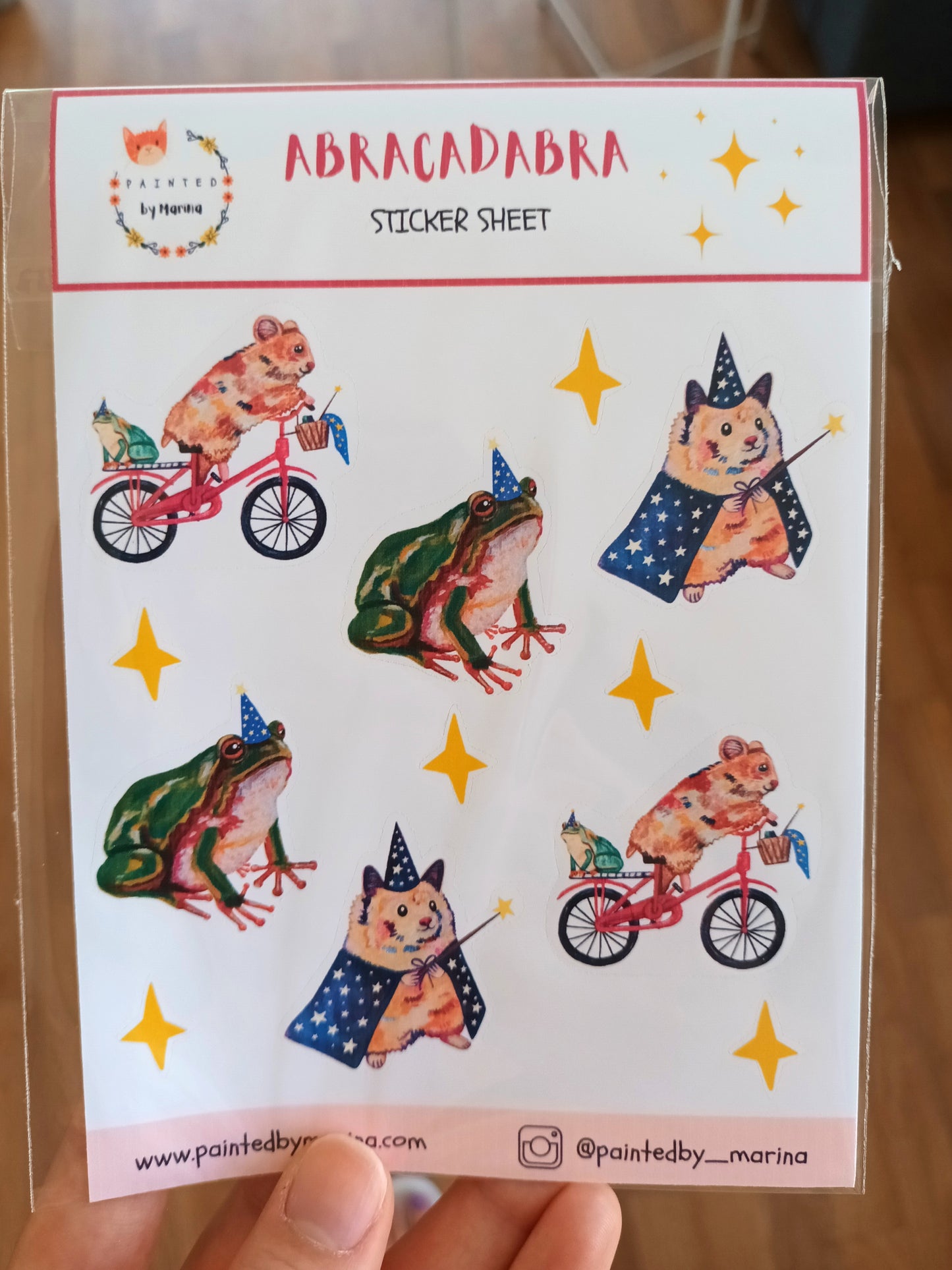 Magical animal sticker sheet with hamster wizard, frog with magician hat, and hamster on a bike with frog on the back, handmade and perfect for journaling.
