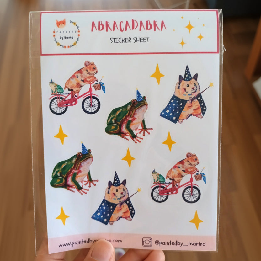 Magical animal sticker sheet with hamster wizard, frog with magician hat, and hamster on a bike with frog on the back, handmade and perfect for journaling.