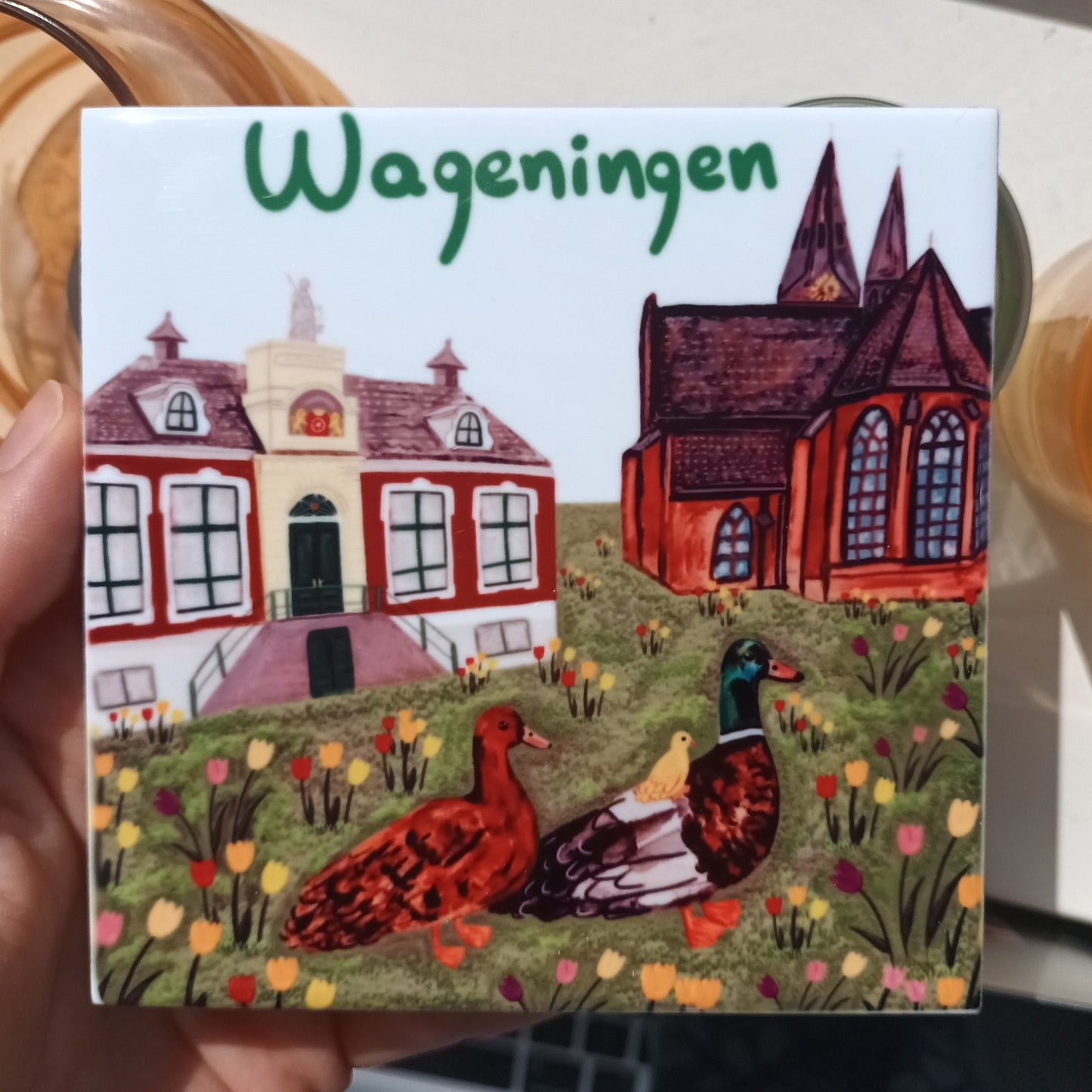 Wageningen ceramic tile with church, municipality, tulips & duck family