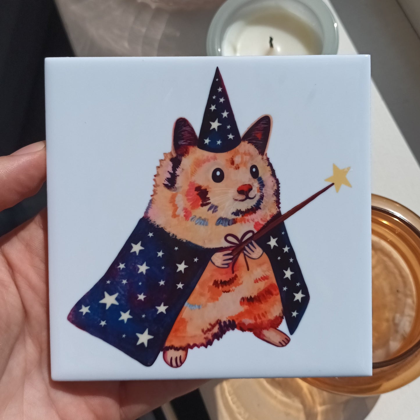 Handmade ceramic tile with cute wizard hamster and easel