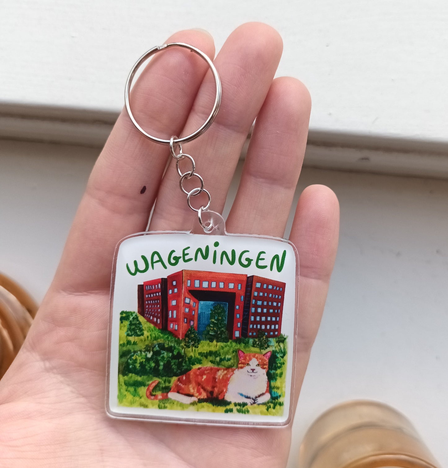 Acrylic Wageningen keychain with orange cat in front of Forum