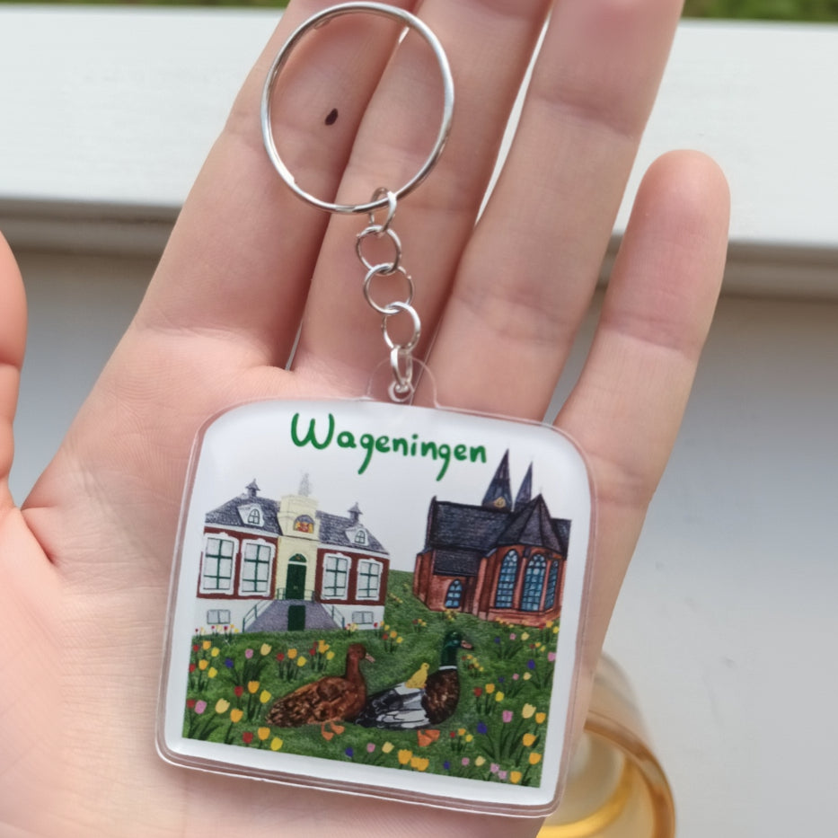 Acrylic Wageningen keychain with duck family, church and tulips