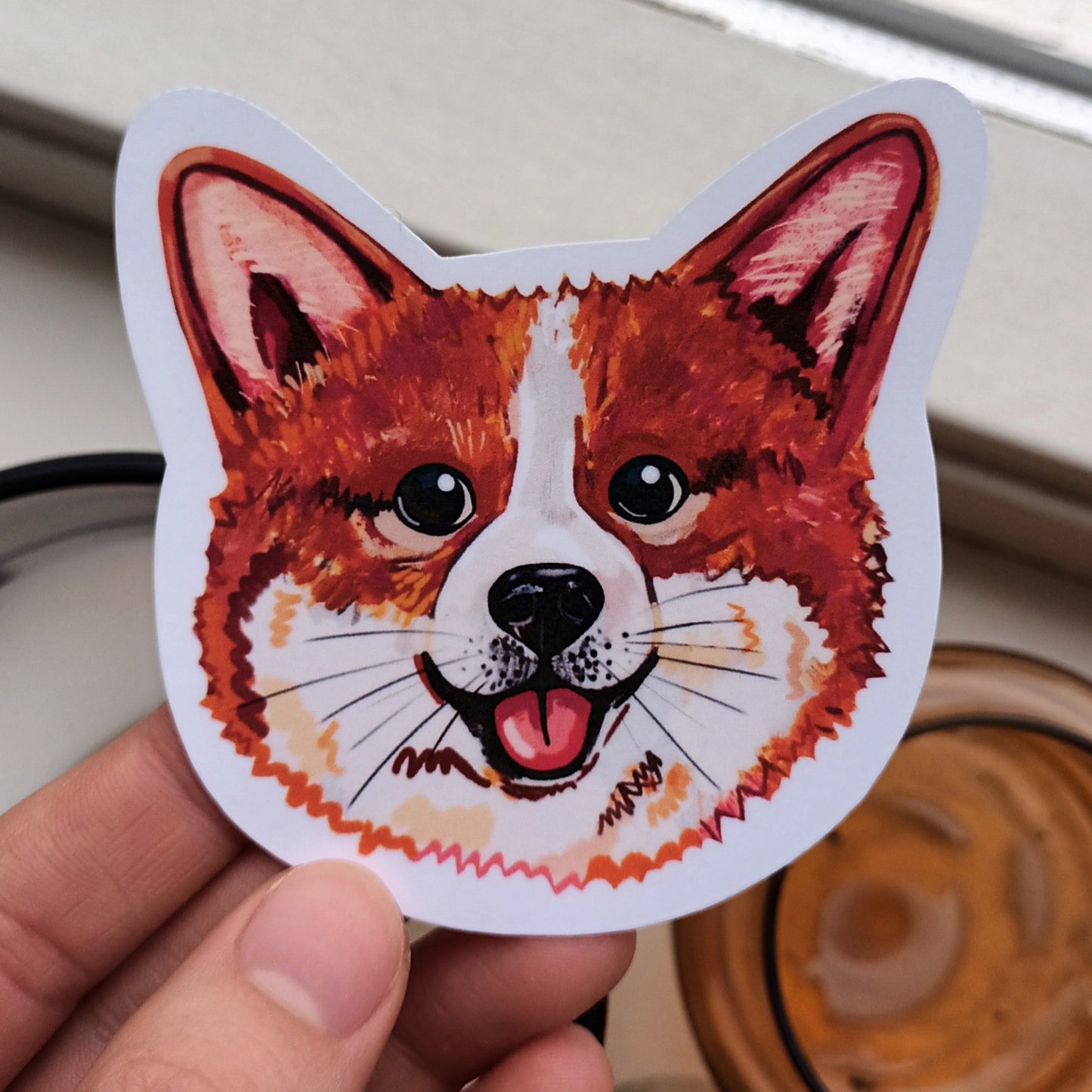 Cute Corgi Face sticker, original illustration by the artist, 8 x 7.89 cm