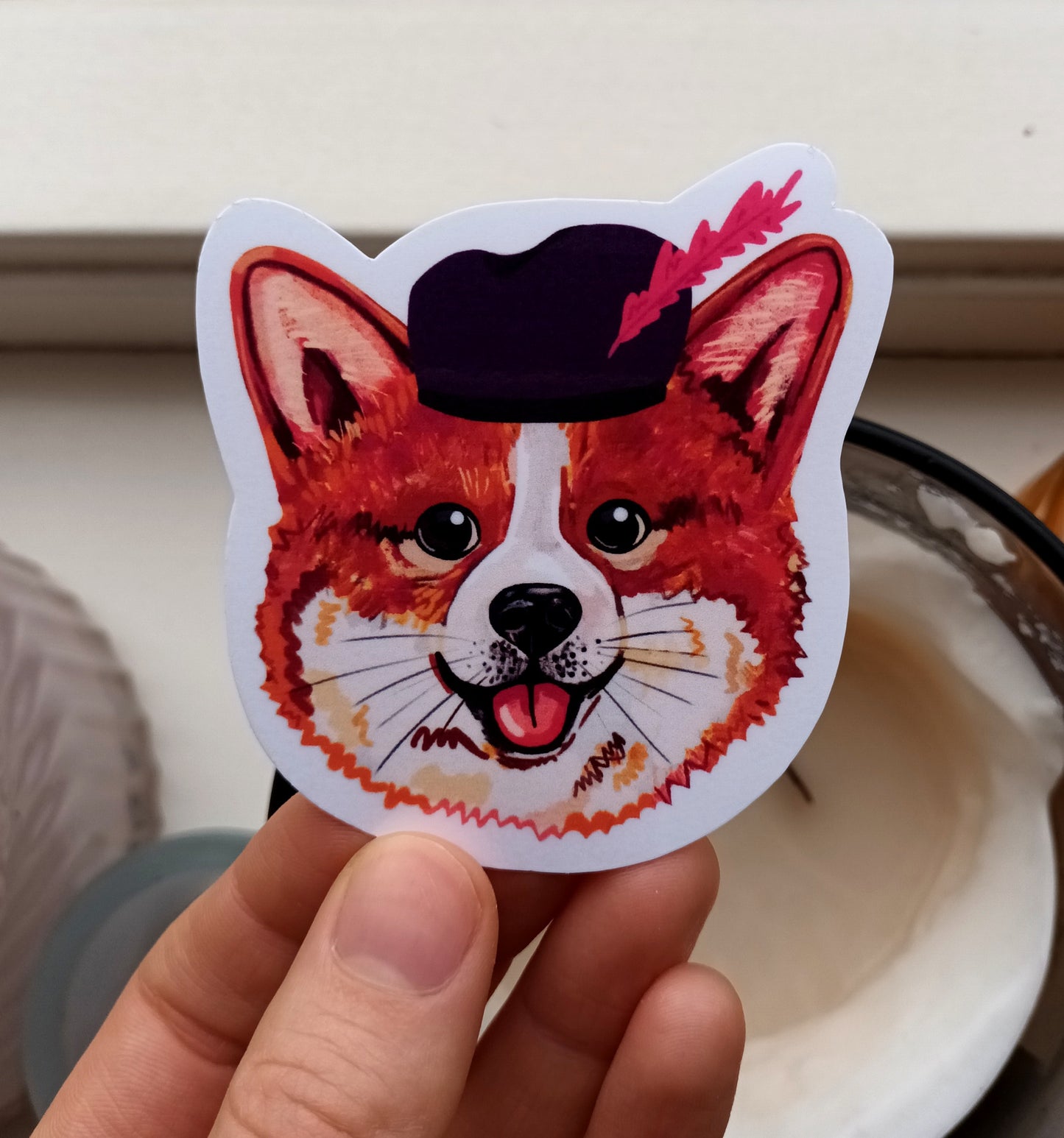 Cute corgi sticker inspired by Sinterklaas helpers, handmade festive corgi illustration on waterproof vinyl.