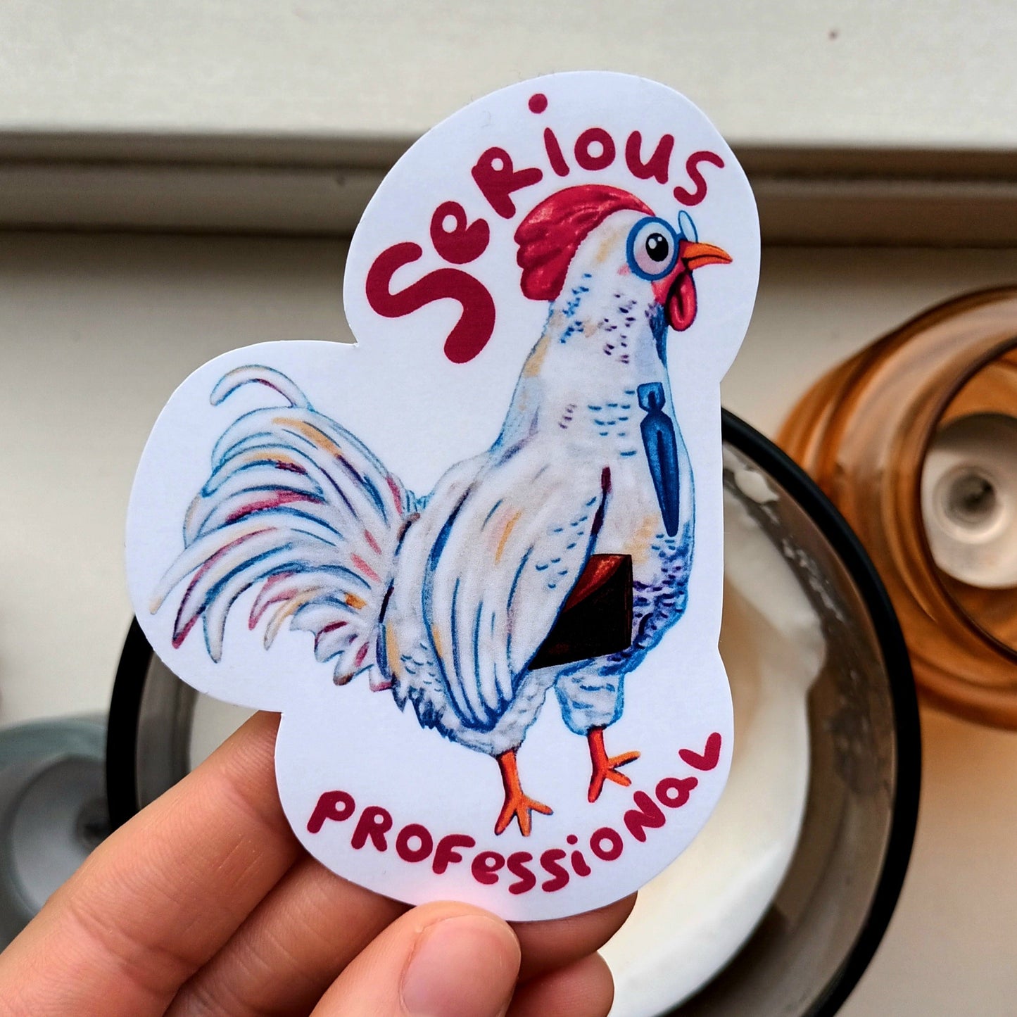 Pip the Professional Chicken sticker, cute chicken wearing glasses and tie, original character by the artist, 7 x 9.42 cm