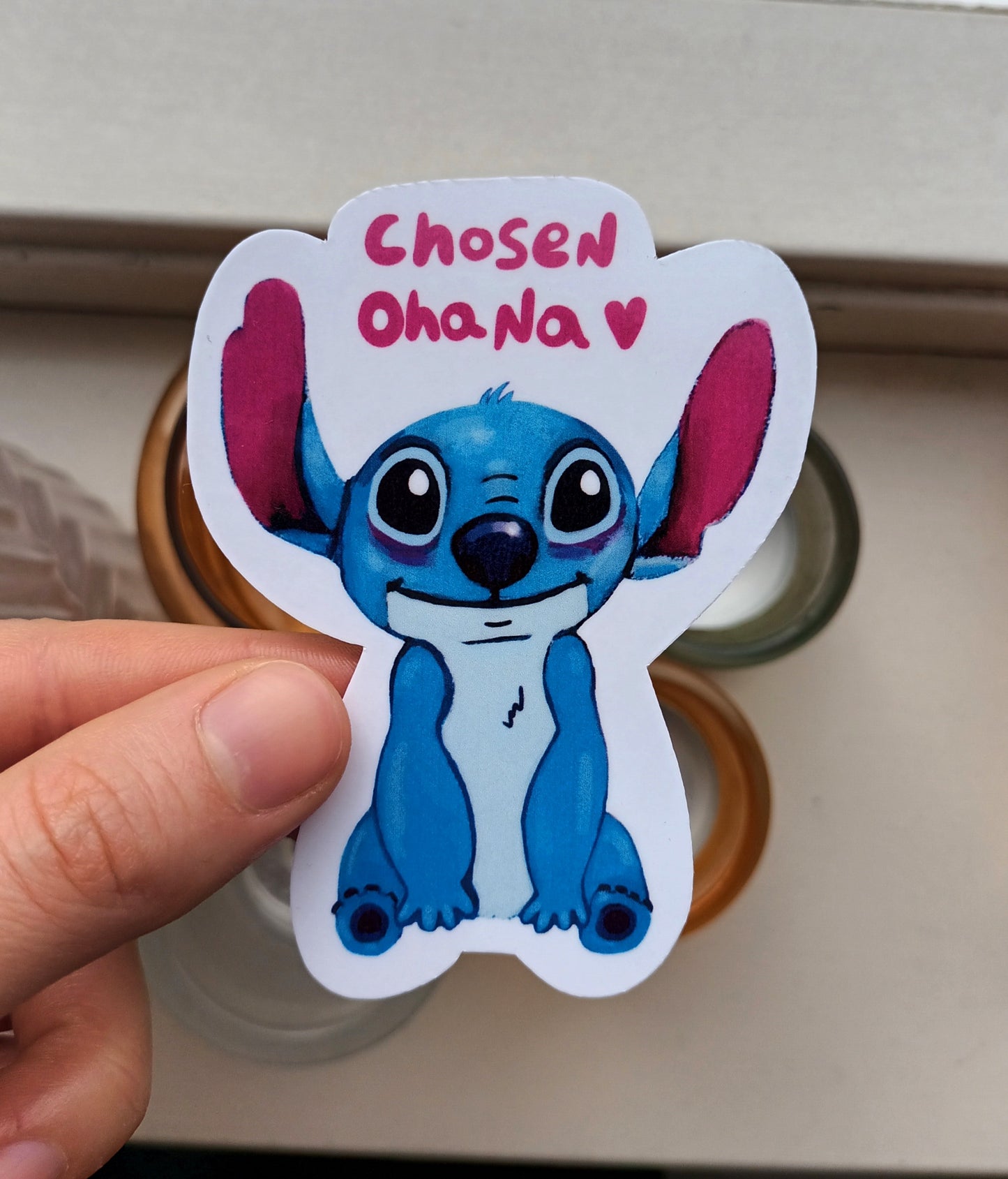 Cute Stitch fanart sticker with “chosen ohana” text, original illustration by the artist, 6.91 x 9 cm