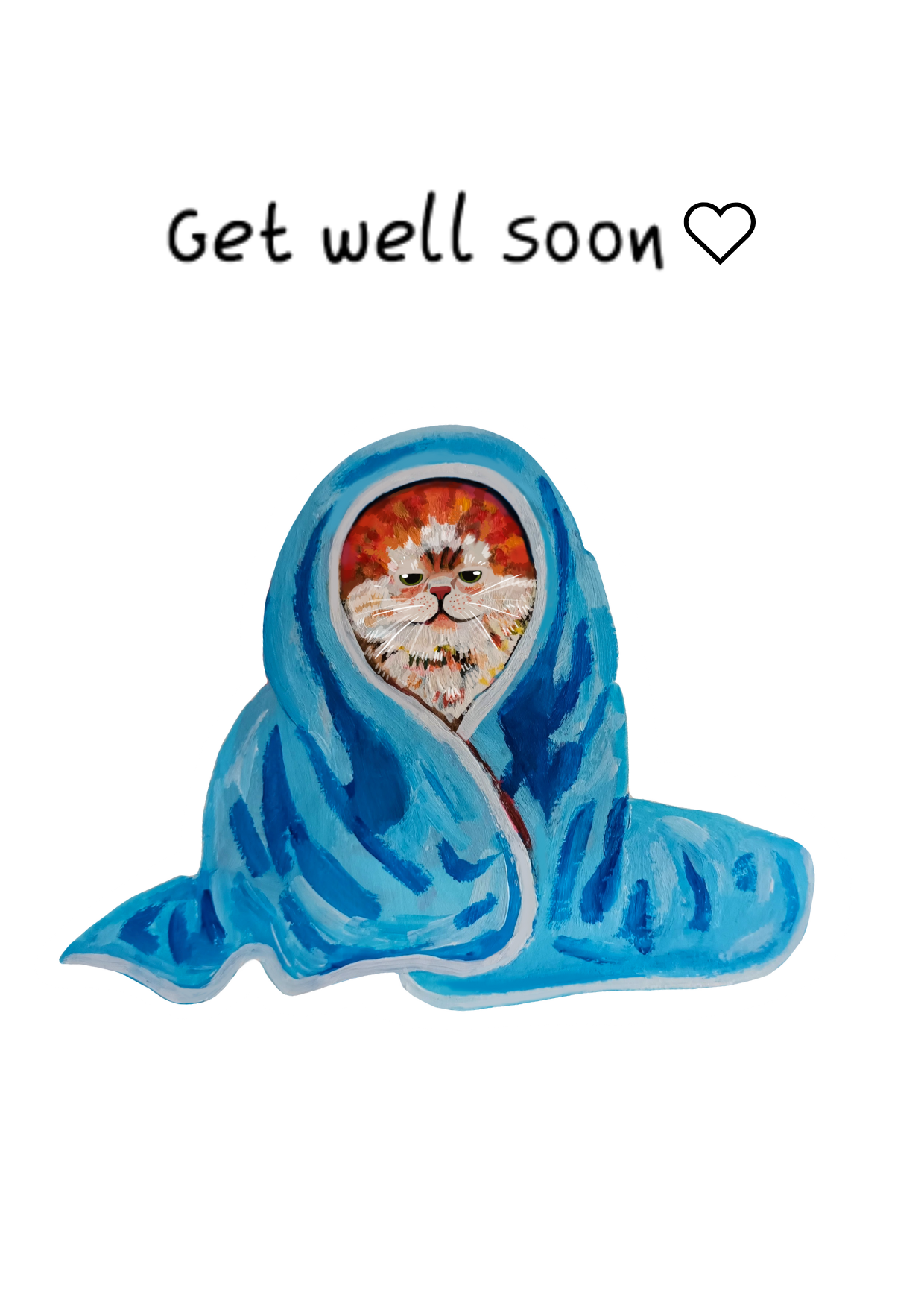 Handmade Get Well Soon greeting card featuring a cute cat wrapped in a cozy blanket, printed on eco-friendly paper