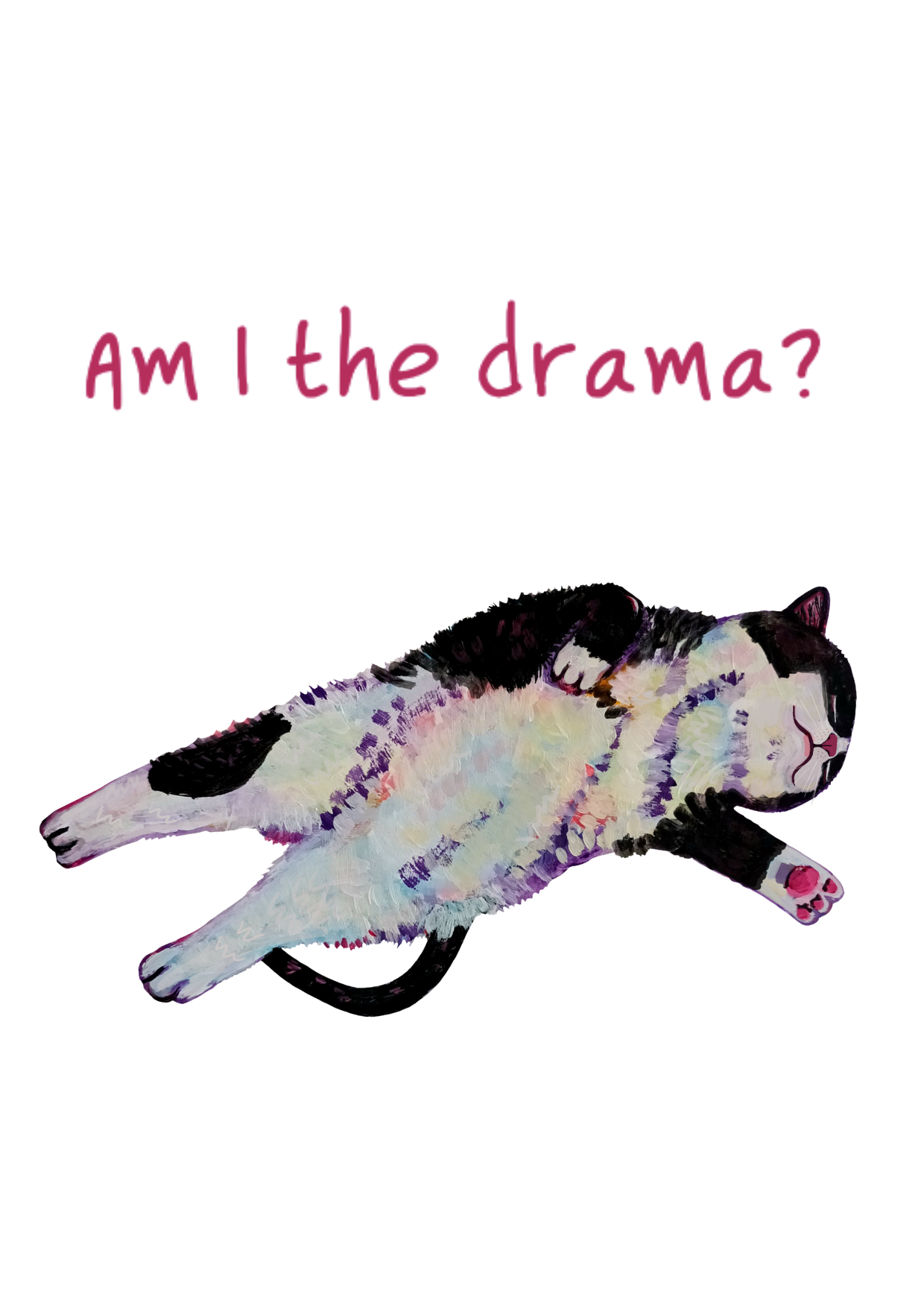 Funny cat postcard featuring a dramatic feline with ‘Am I the Drama?’ text, high-quality handmade illustration art card