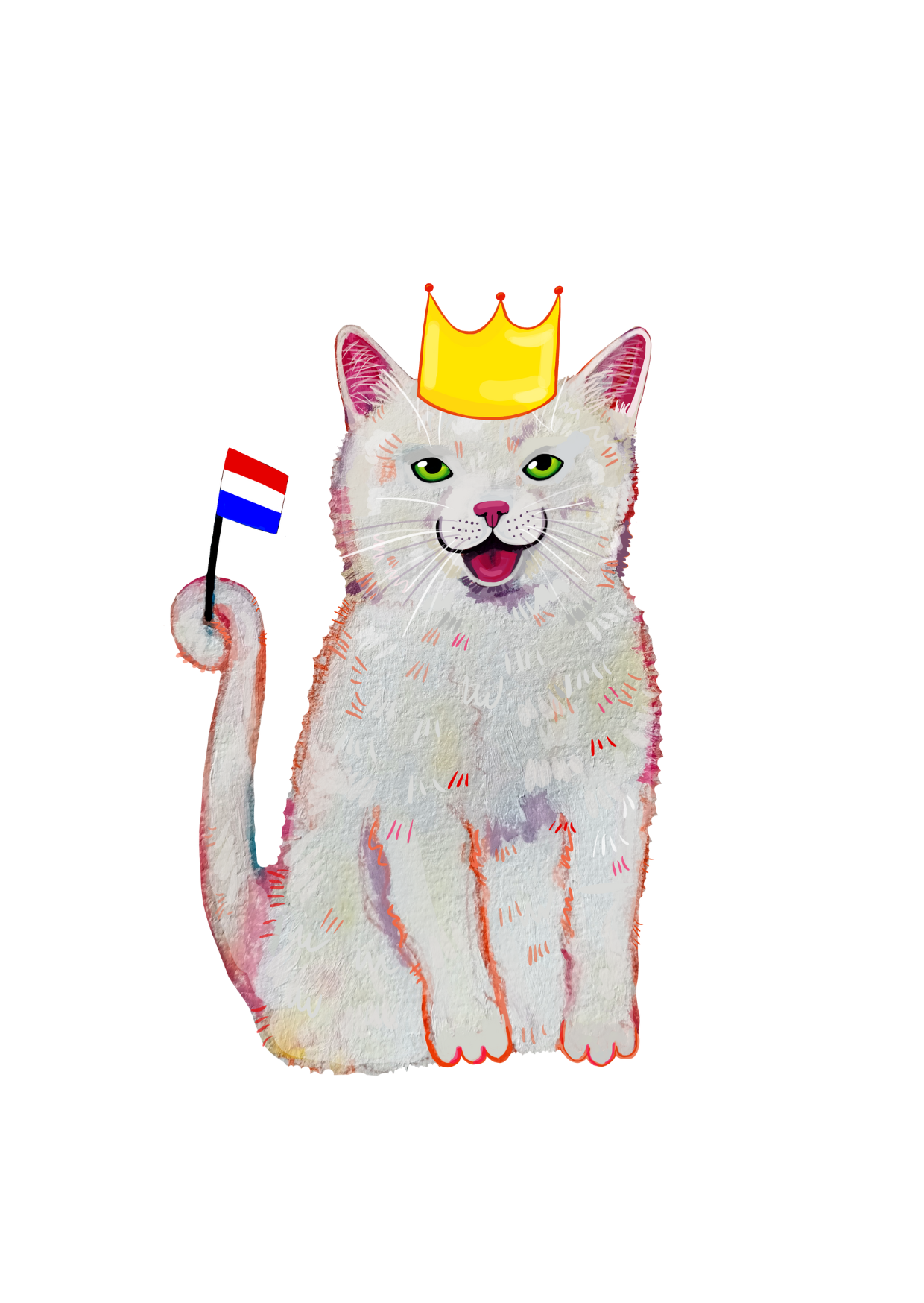 Handmade King’s Day postcard featuring a cute cat wearing a golden crown, printed on eco-friendly paper, perfect for celebrating Koningsdag.