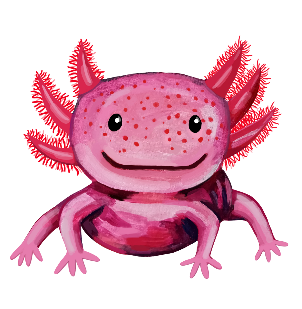 Hand-painted pink axolotl with a happy smile on a soft background, printed on a square eco-friendly postcard