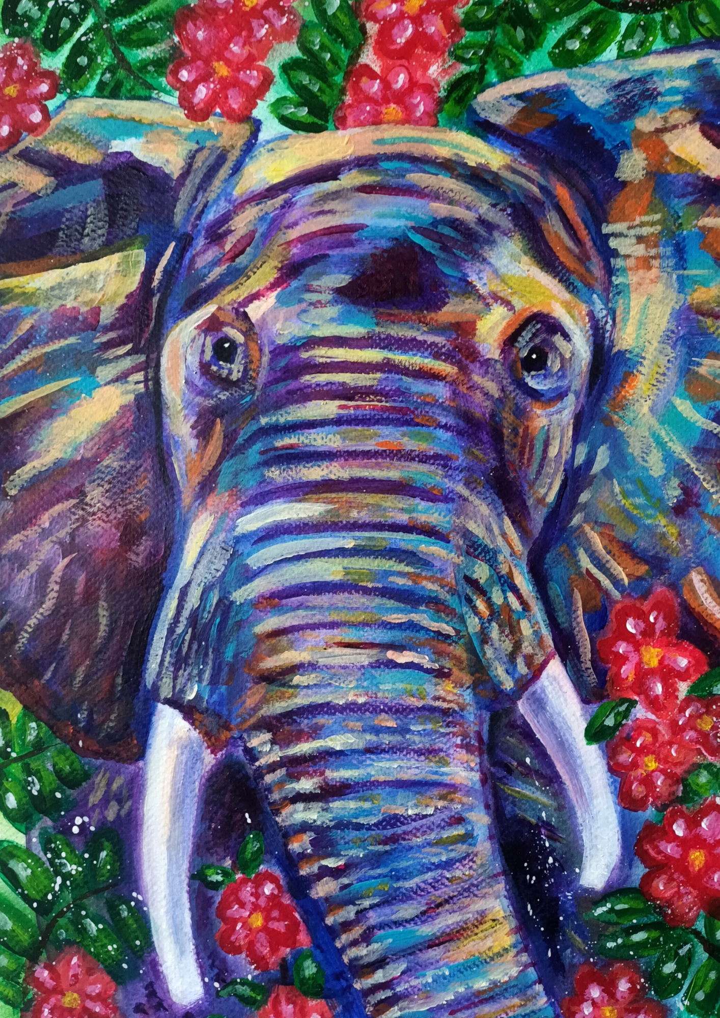 A4 art print of a colourful elephant surrounded by vibrant leaves and flowers, printed on eco-friendly matte paper.