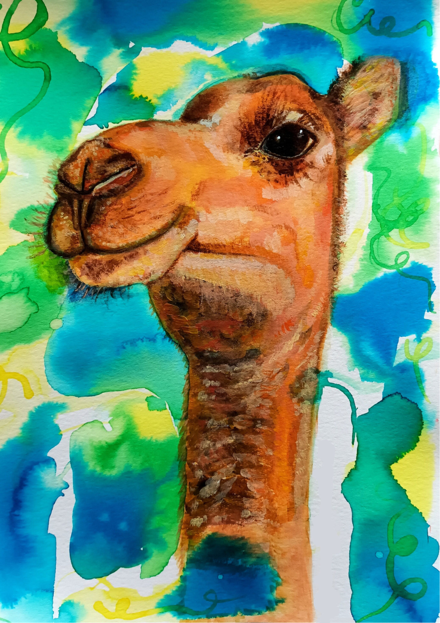 A4 art print of a funny camel with a vibrant colourful ink background, printed on eco-friendly matte paper.
