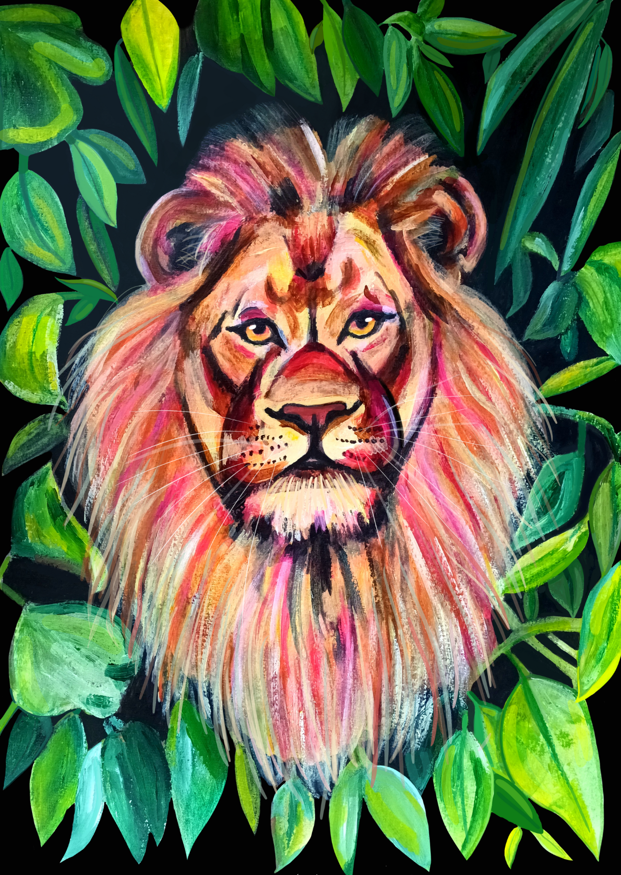 Colourful postcard illustration of a lion surrounded by green jungle leaves, printed on eco-friendly paper.