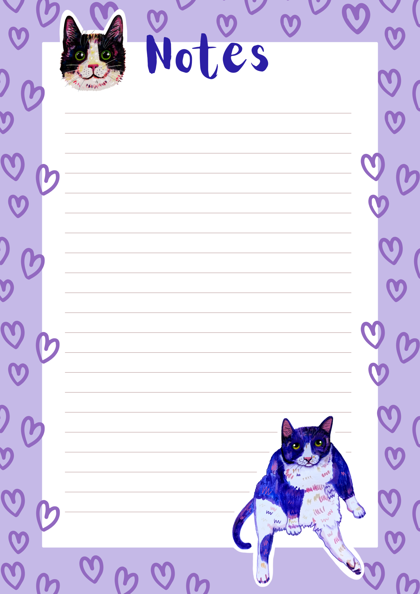 Sassy and cute cat-themed notepad in blue-purple tones, available in 30 or 50 pages, eco-friendly paper with sturdy cardboard backing (design)