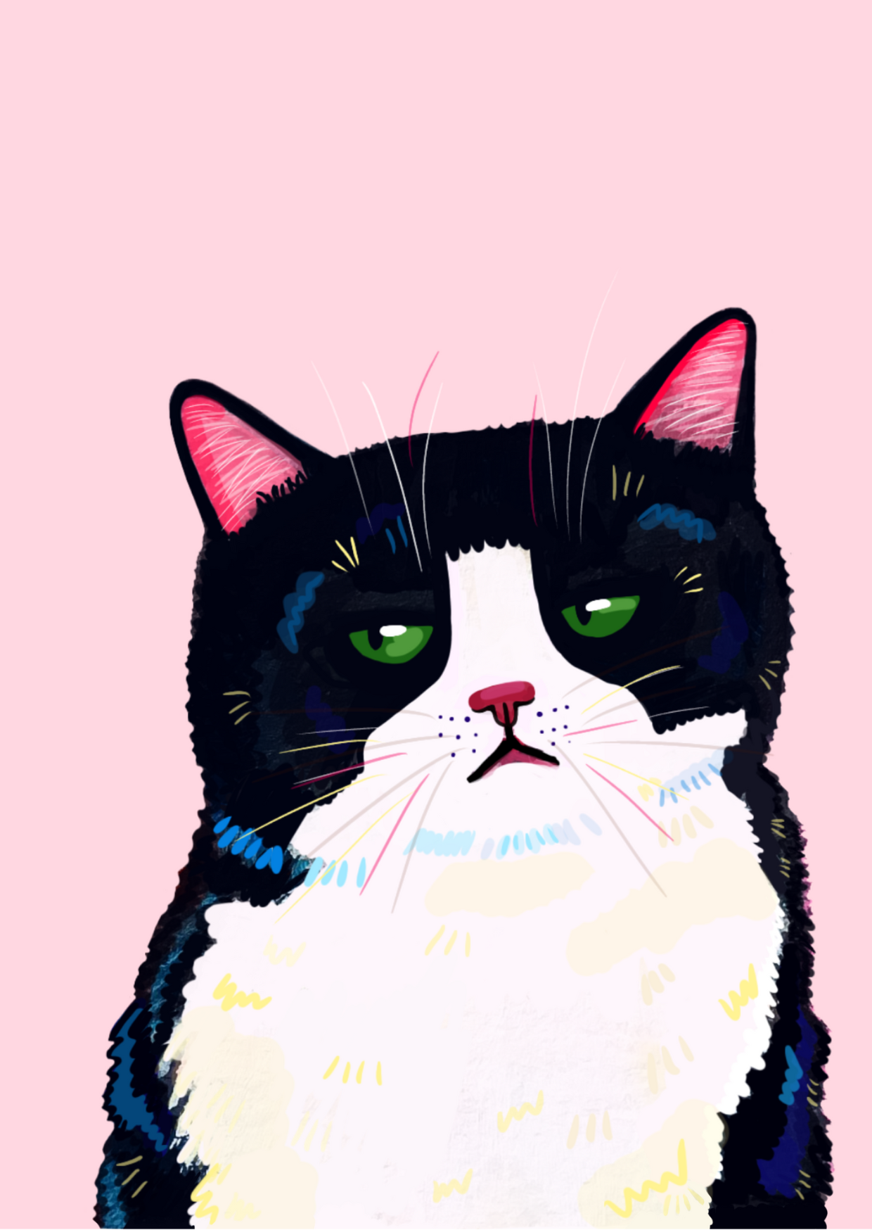 Hand-painted black tuxedo cat with a grumpy expression on a pink background, printed on an eco-friendly matte A6 postcard