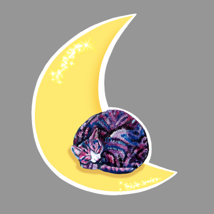 A sticker with a hand-drawn illustration of a purple cat sleeping on a crescent moon with stars.