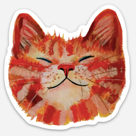 Cute smiling orange cat face sticker, hand-drawn illustration, waterproof vinyl decal