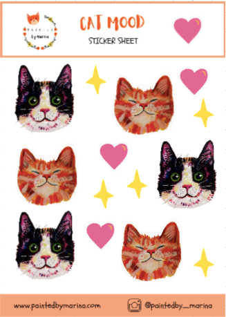 The design of Happy Cats Sticker Sheet featuring an orange cat, tuxedo cat, hearts, and sparkles. Cute waterproof stickers, handmade & printed by the artist. Perfect for decorating notebooks, laptops, and more.