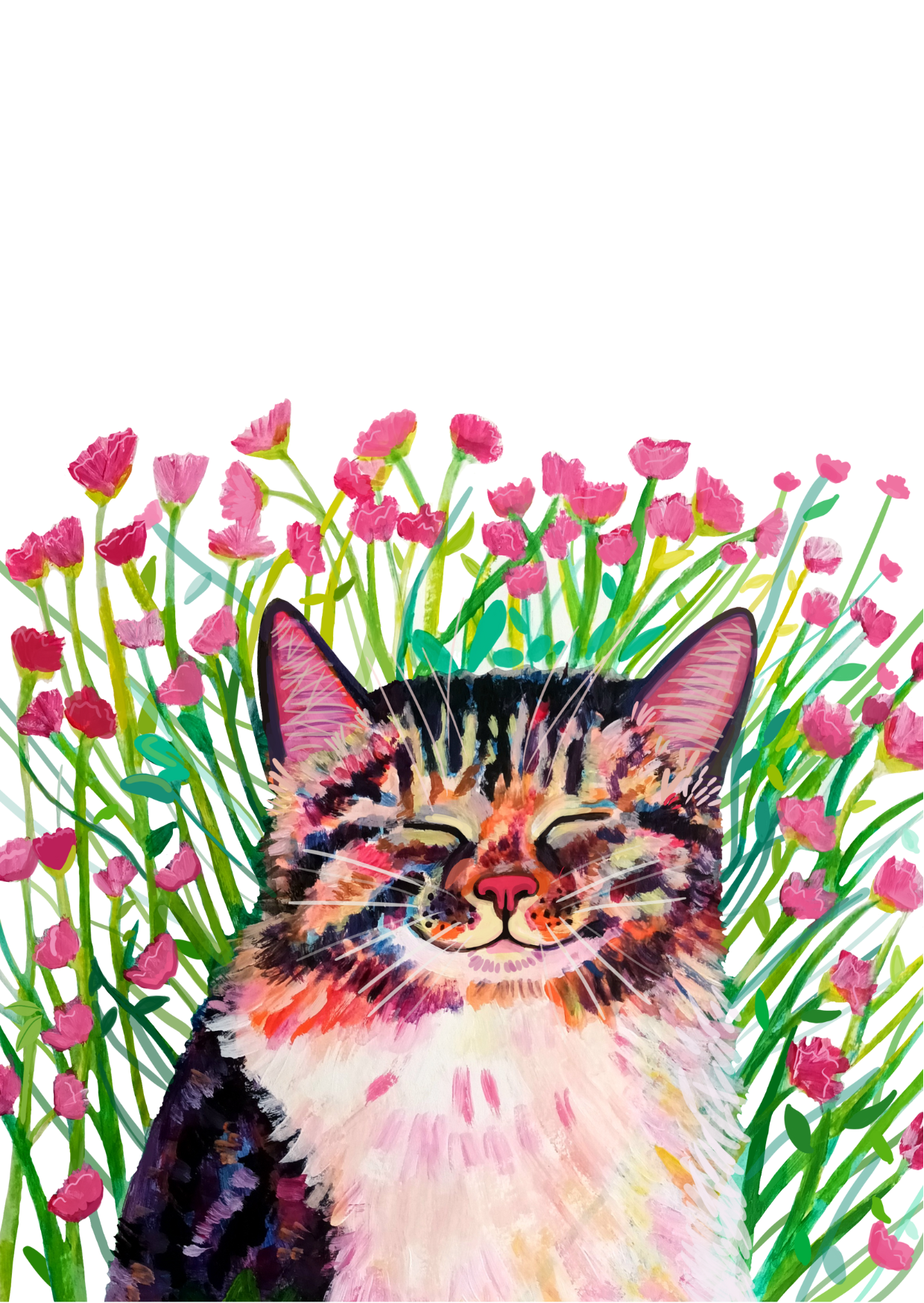 Handmade spring art card featuring a cat in a meadow of pink flowers.
