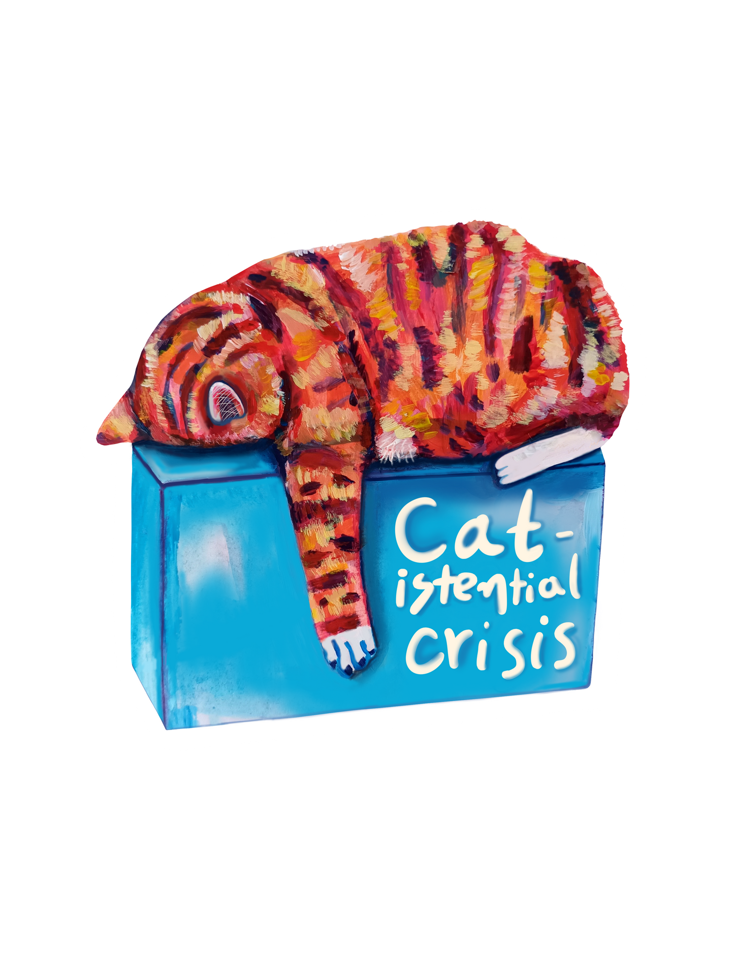 Cute orange cat sticker with a humorous existential crisis theme, hand-drawn on waterproof vinyl.