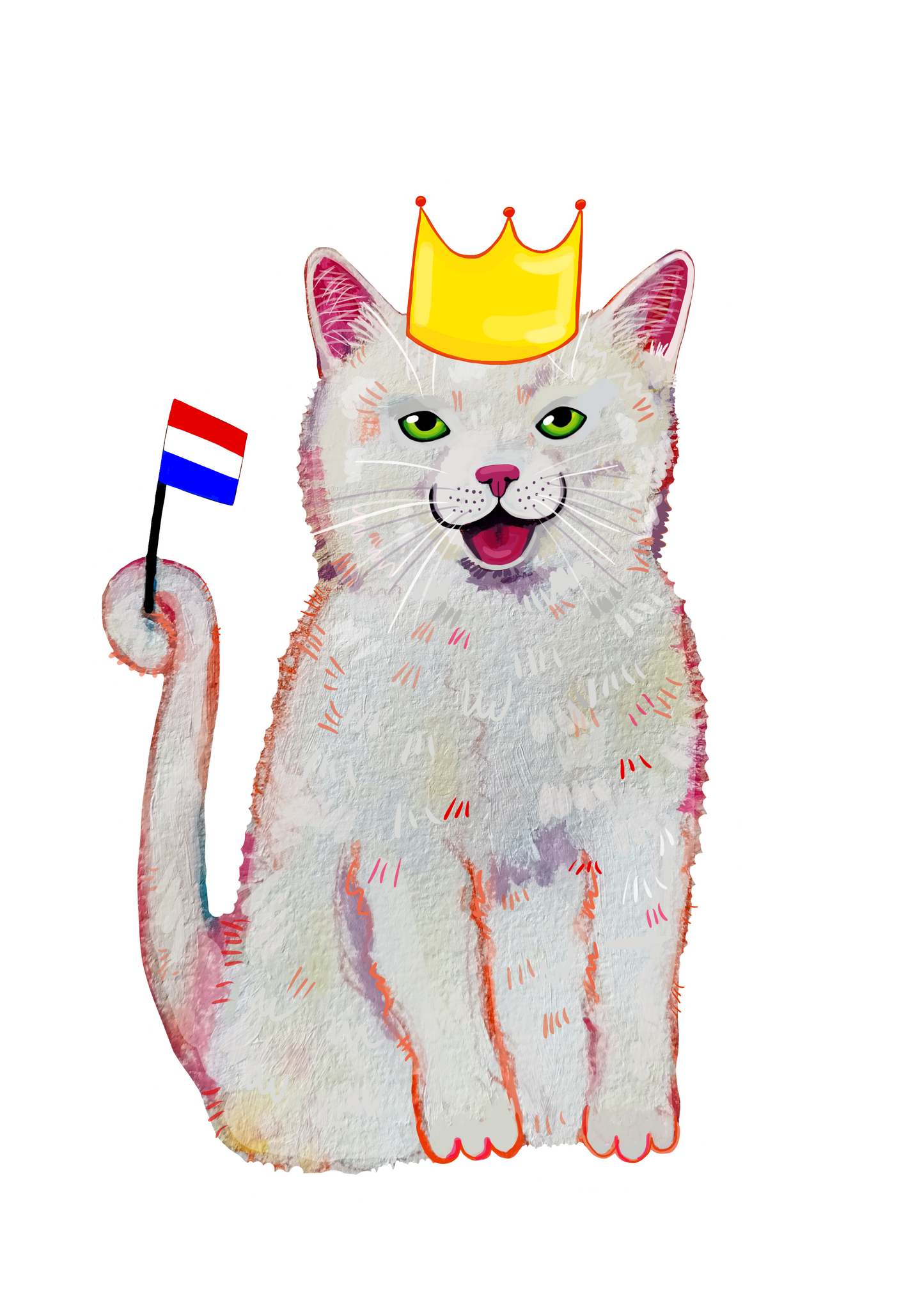 Cute waterproof vinyl sticker of a cat wearing a golden crown for King’s Day (Koningsdag), hand-painted and festive.