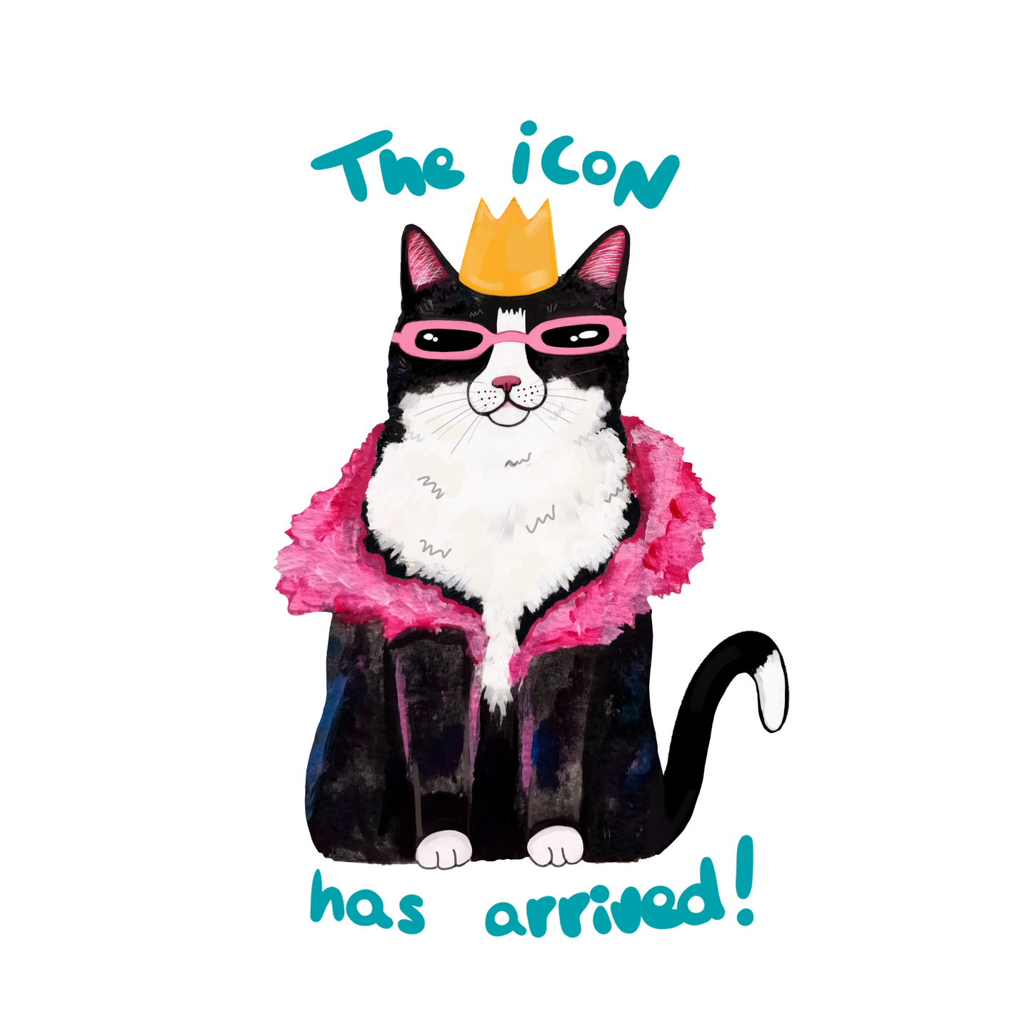 Illustration of a cat wearing sunglasses and a pink jacket with text 'The icon has arrived!' on a white background.