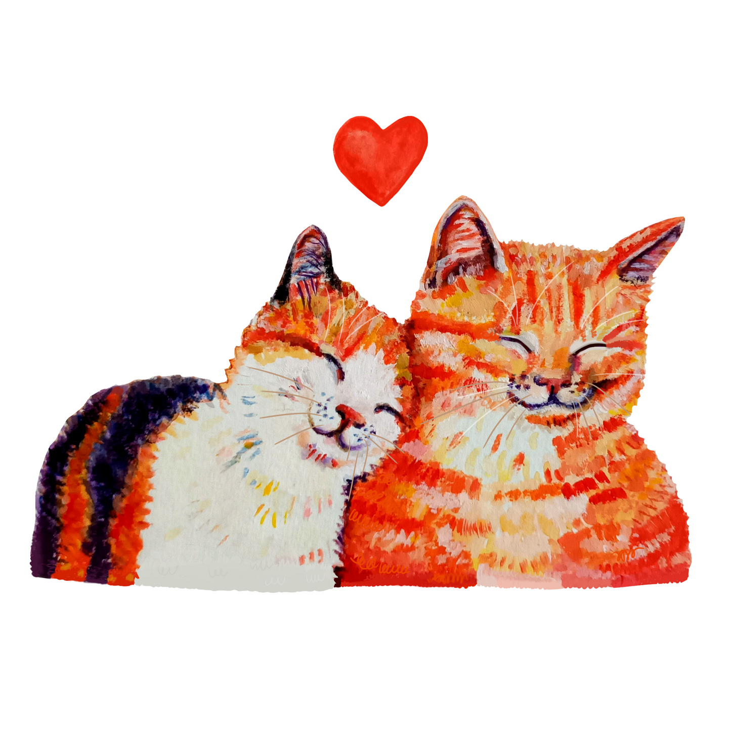 Romantic cats in love sticker, close-up hand-drawn illustration, waterproof vinyl decal