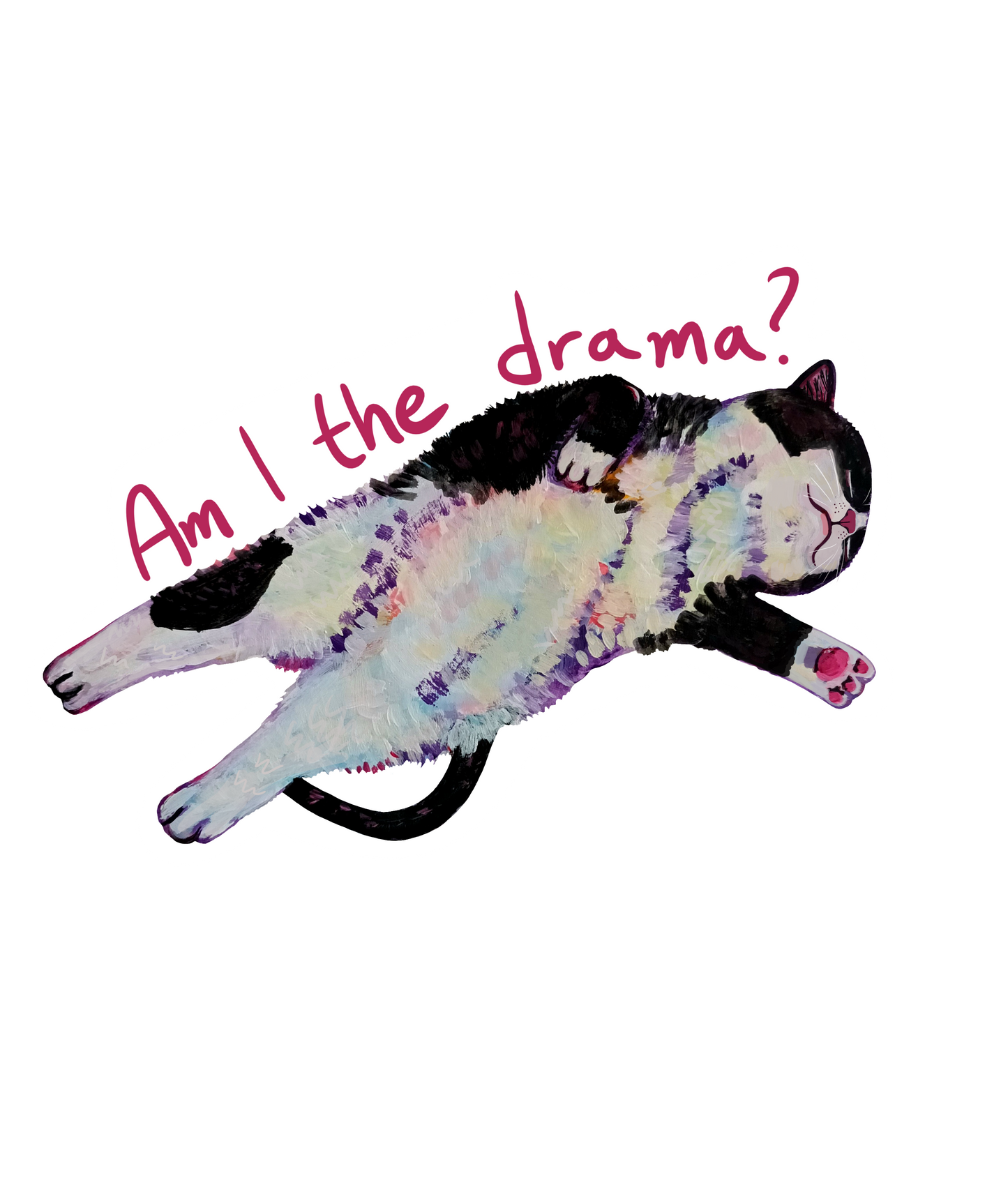 Funny cat sticker with 'Am I the Drama?' text, hand-drawn illustration, waterproof vinyl