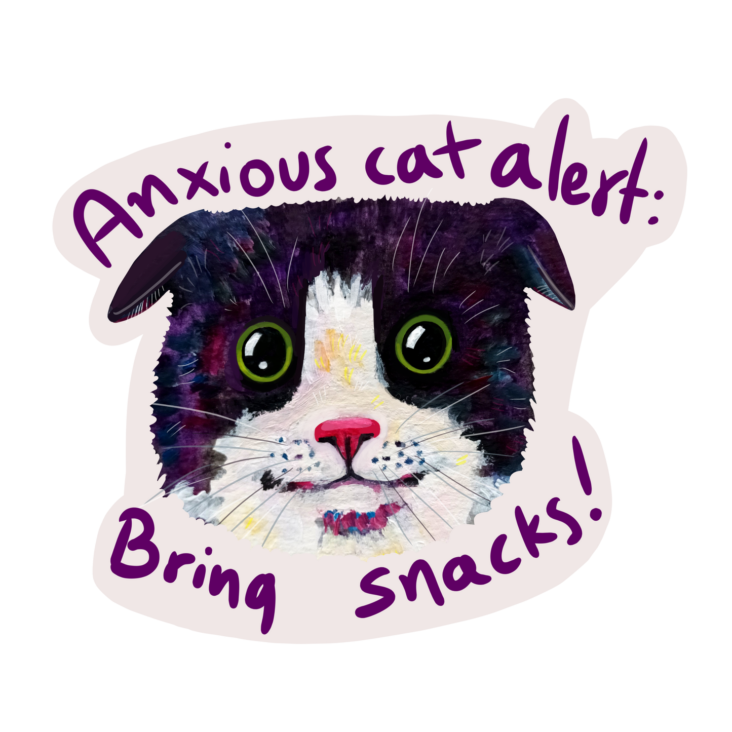 Cute anxious cat sticker with the text 'Bring Snacks', hand-drawn on waterproof vinyl, perfect for decorating laptops and water bottles.