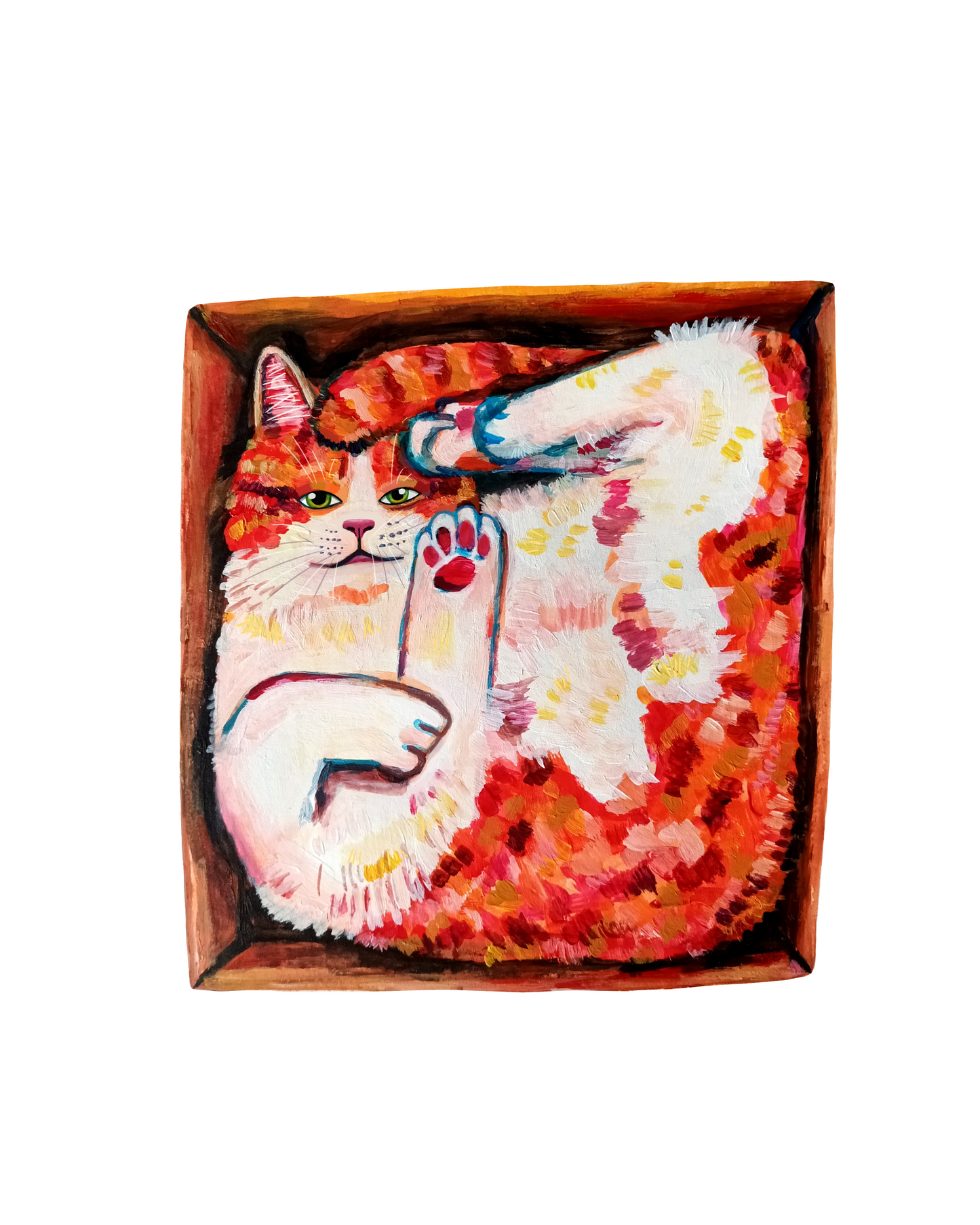 Cute orange cat in a box sticker, hand-drawn design on waterproof vinyl, perfect for decorating laptops and notebooks.