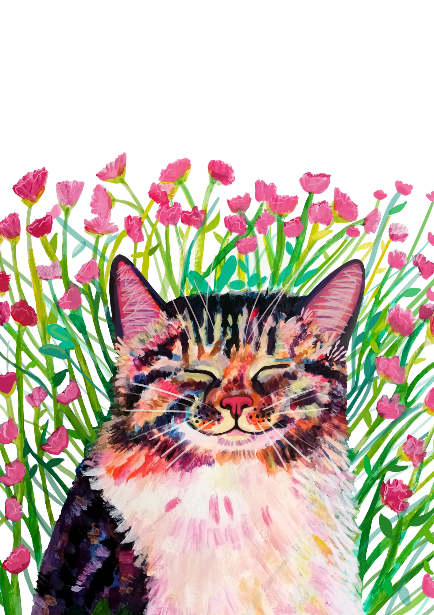 A4 art print of a orange cat sitting in a meadow of pink flowers, printed on eco-friendly matte paper.