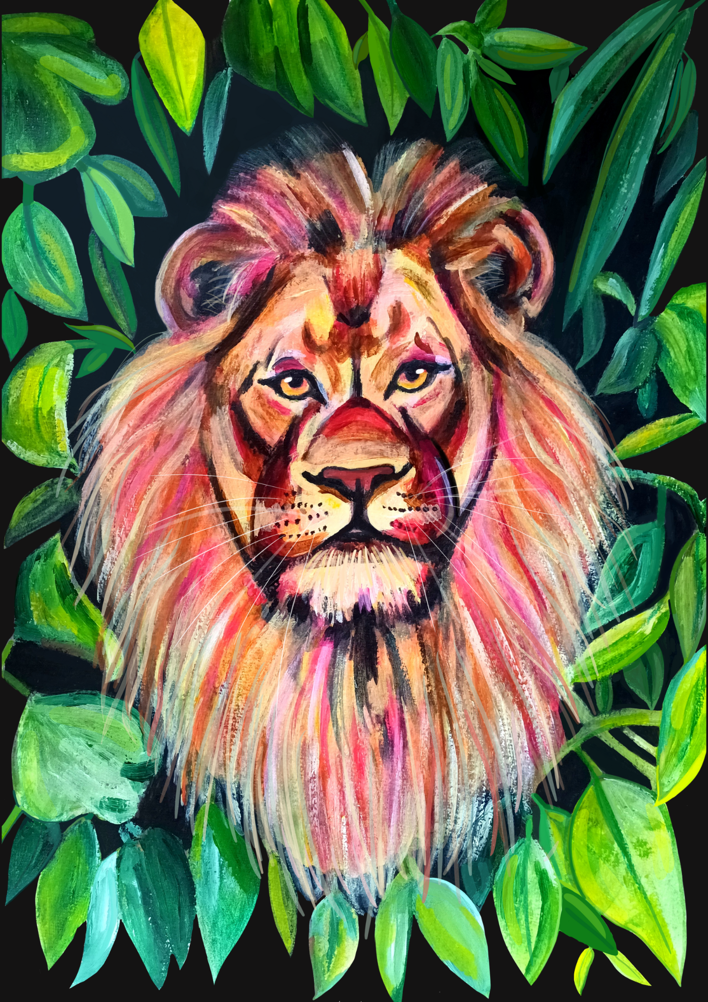A4 art print of a colourful lion surrounded by green jungle leaves, printed on eco-friendly matte paper.