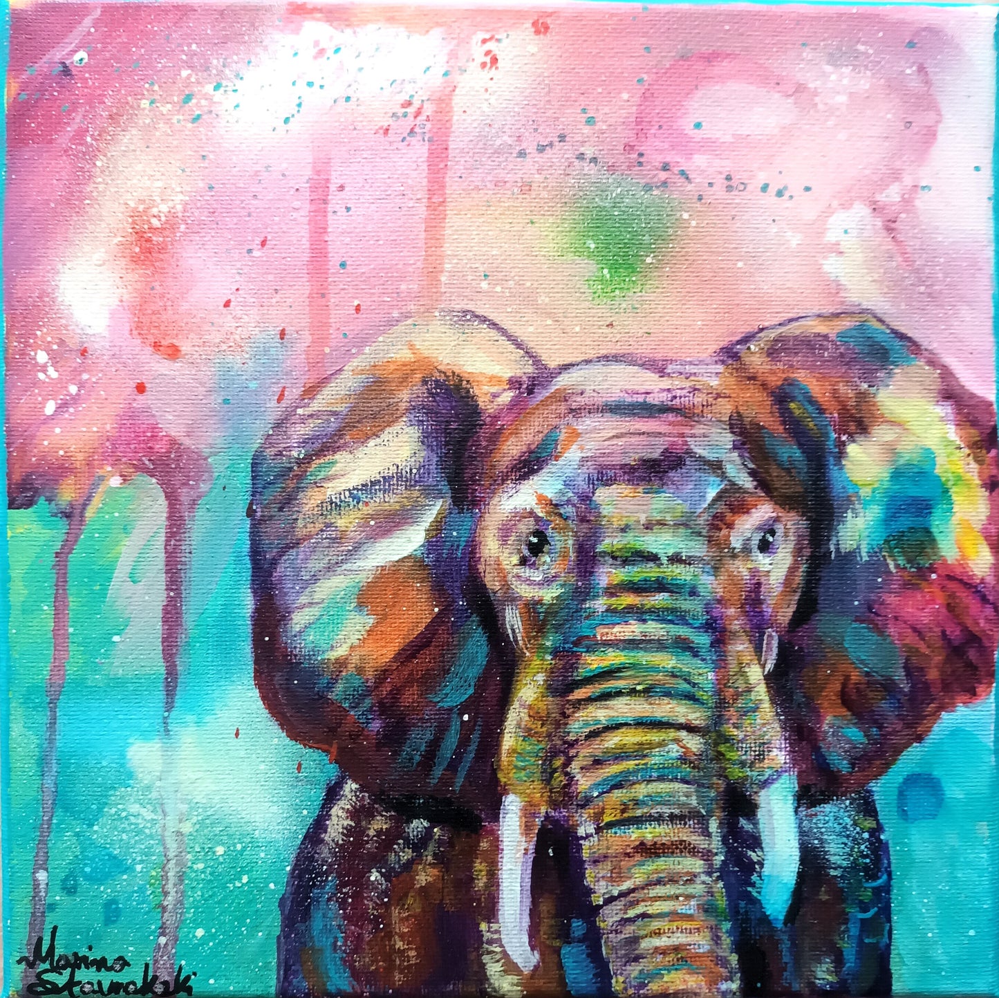 Art print of a magical elephant with colourful spray paint background, printed on eco-friendly matte paper.