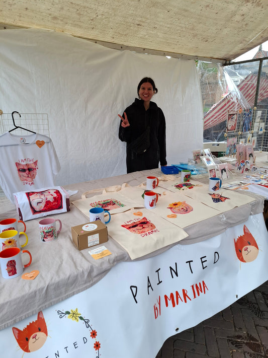 Handmade market stall with colorful cat mugs, art prints, and cards displayed on a rainy day at Wageningen Saturday Market