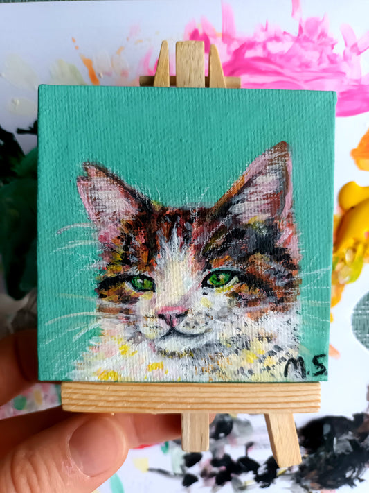 Hand-painted custom mini pet portrait on a tiny 7x7 cm canvas, includes a wooden easel for display, perfect personalised gift for pet lovers