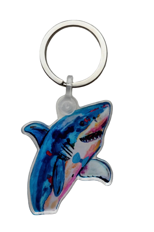 Cute shark acrylic keychain with stainless steel key ring. High-quality finish, perfect for keys, bags, or backpacks.