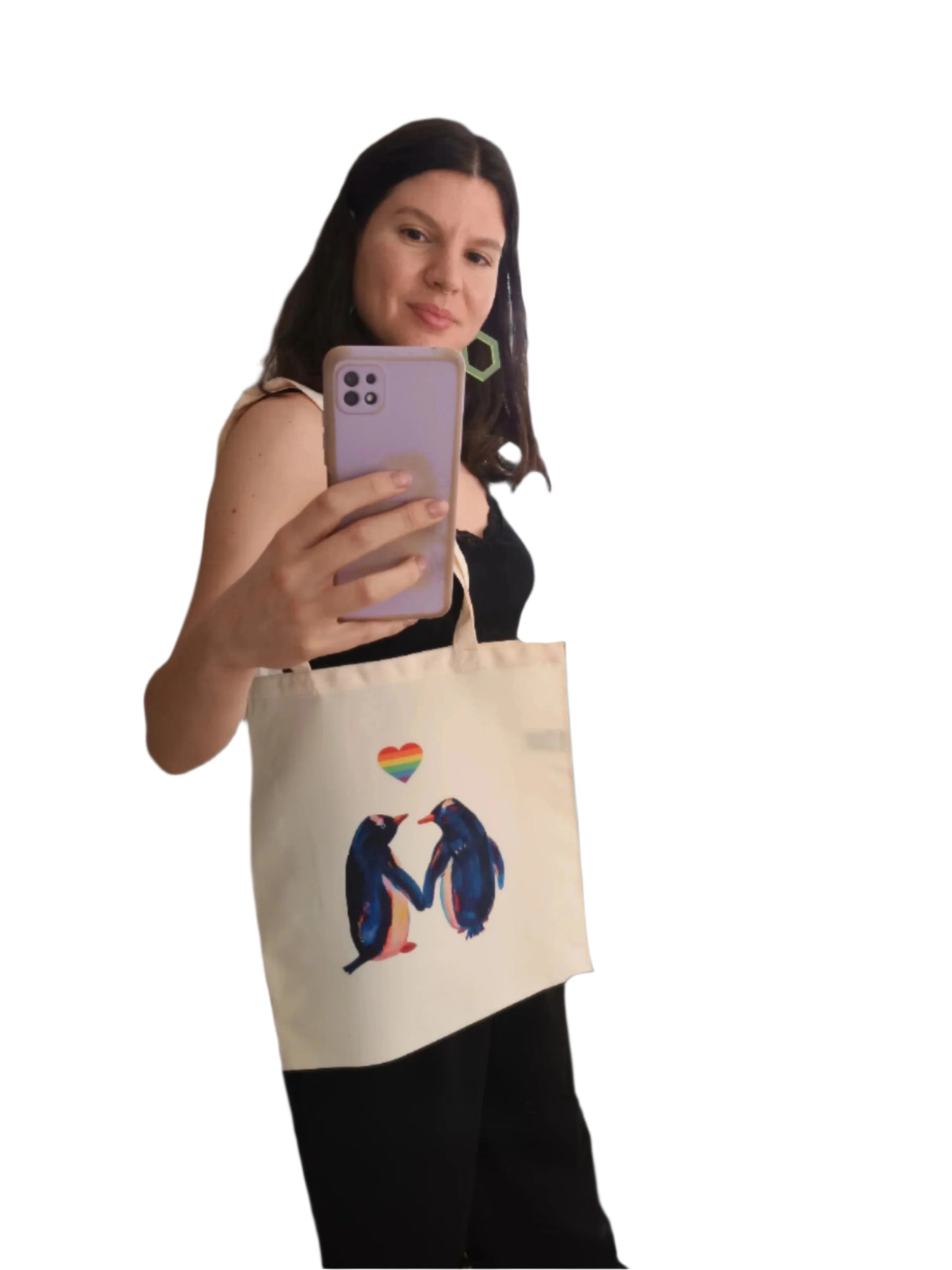 Penguins in Love tote bag featuring a hand-painted design of two affectionate penguins, celebrating LGBTQ+ pride, made of waterproof 100% polyester mirror selfie