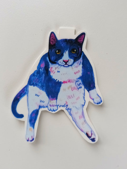 Handmade magnetic bookmark featuring a sassy purple tuxedo cat sitting with attitude – perfect gift for readers and cat lovers