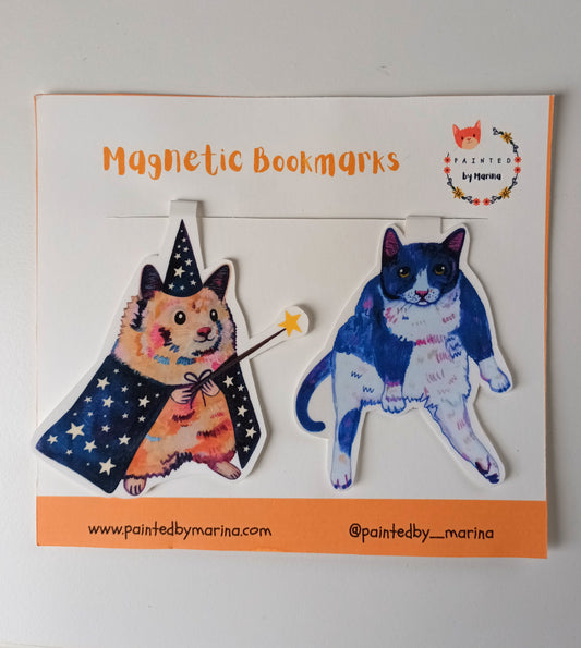 Set of two handmade magnetic bookmarks – hamster magician and sassy cat sitting – printed from original colourful illustrations