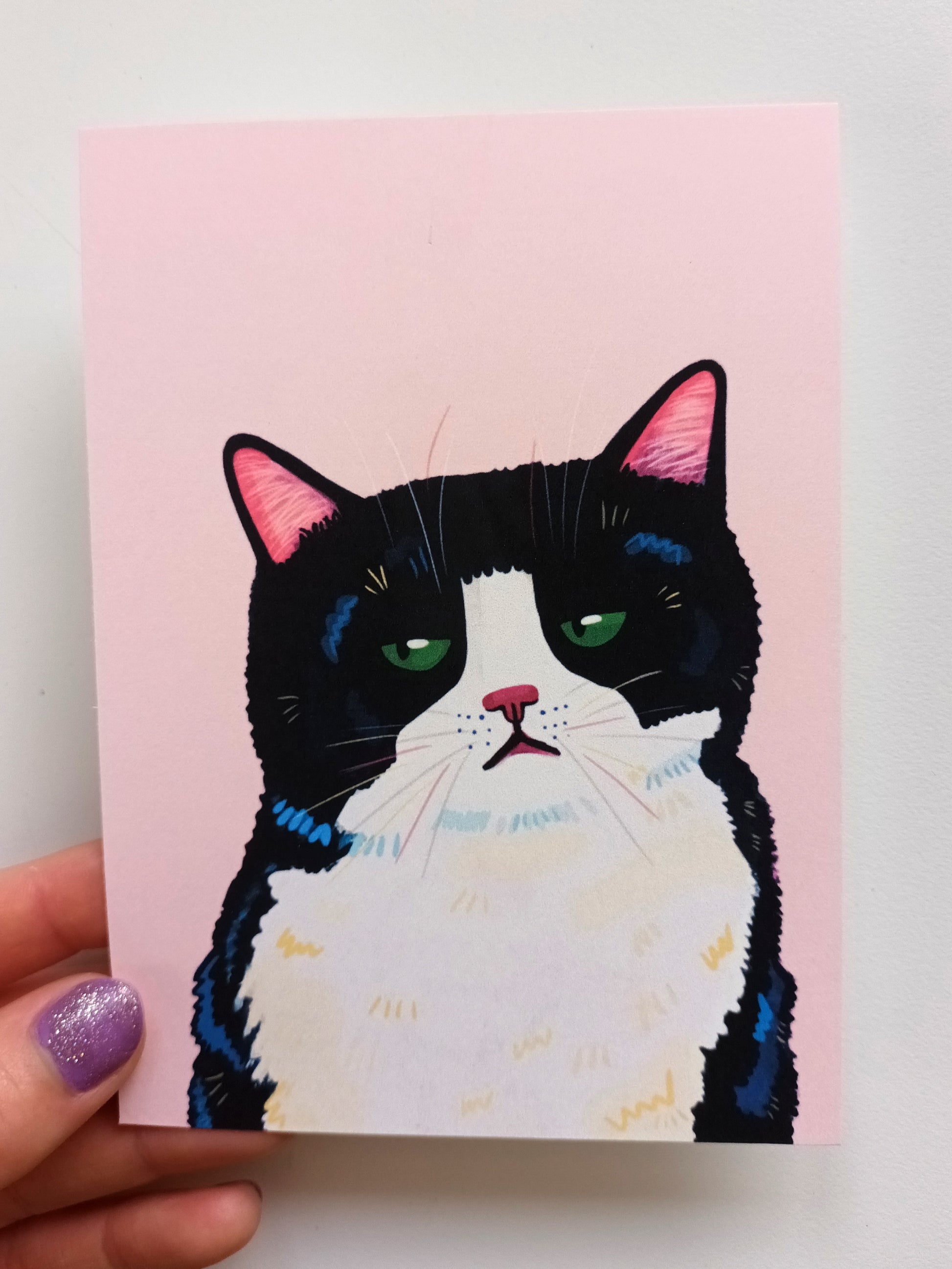 Hand-painted black tuxedo cat with a grumpy expression on a pink background, printed on an eco-friendly matte A6 postcard held by hand